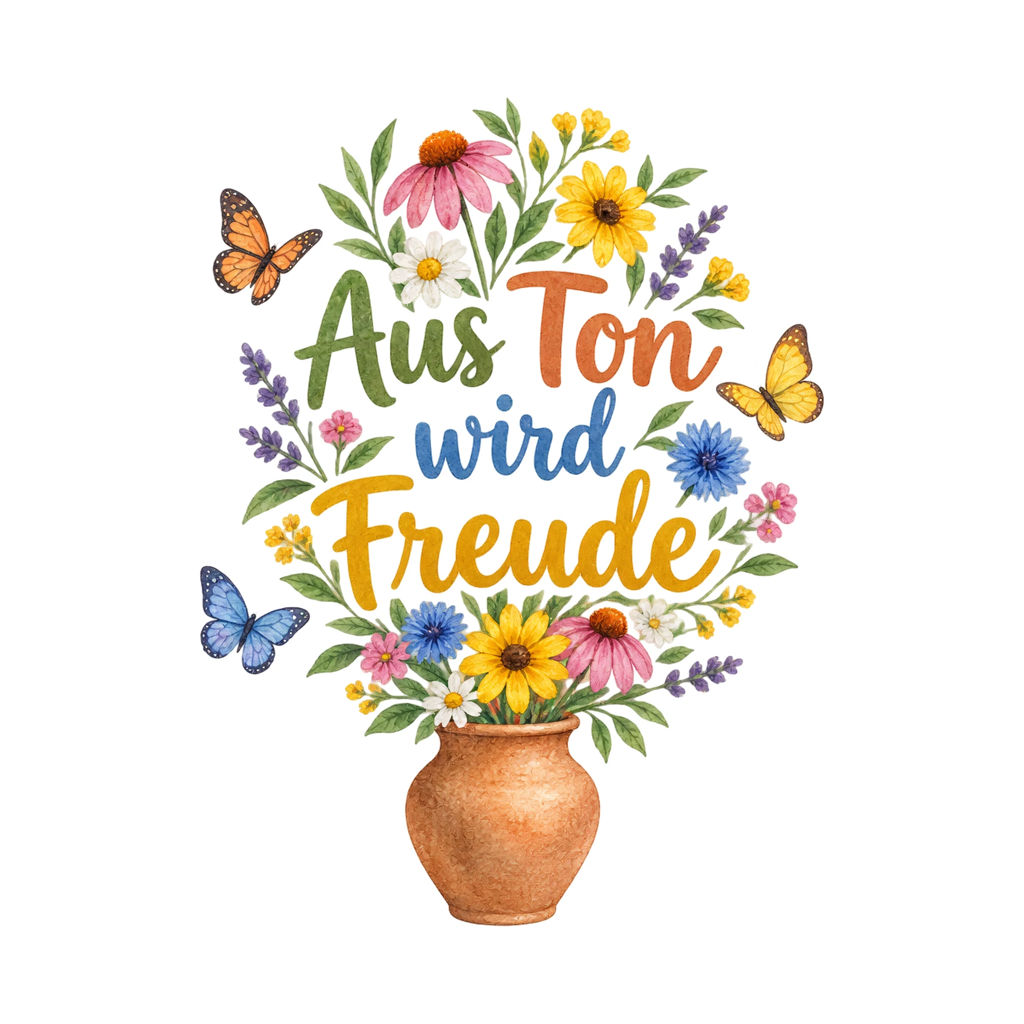 Bügelbild Aus Ton wird Freude als Grafik auf weißem Hintergrund (BB019379)