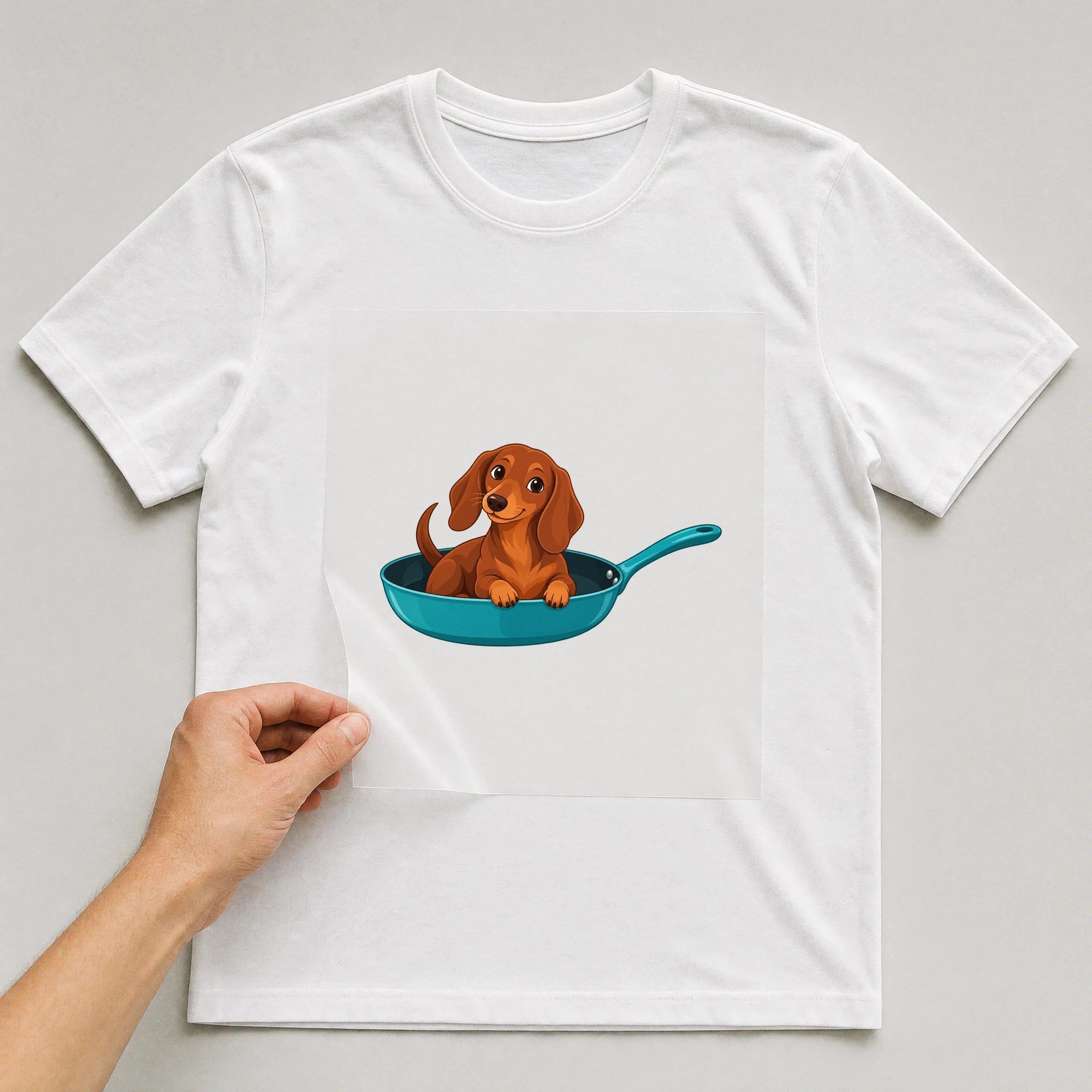 Bügelbild „Hund In Der Pfanne“ auf weißem T-Shirt, Folie wird aufgelegt
