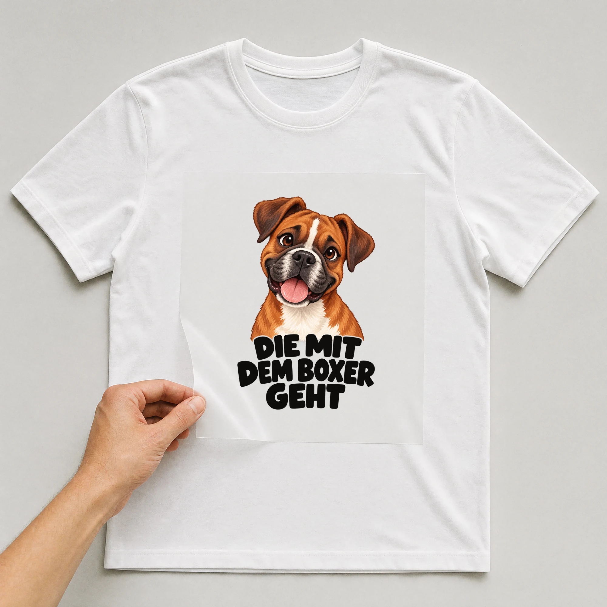 Bügelbild „Die mit dem Boxer geht“ auf weißem T-Shirt, Folie wird aufgelegt