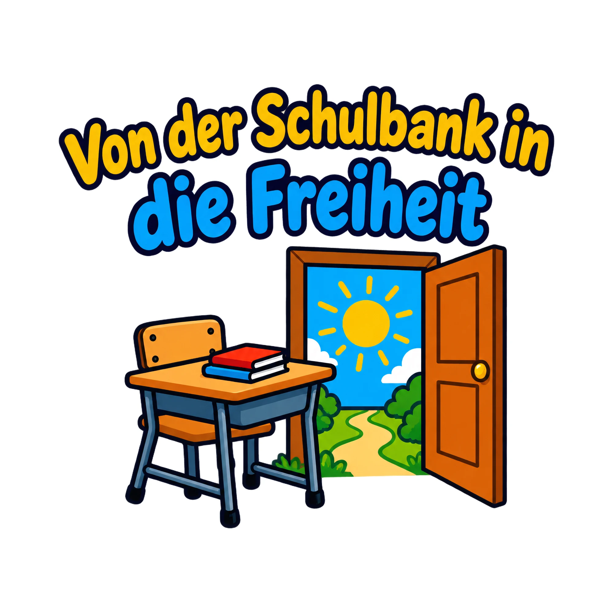 Bügelbild Von der Schulbank in die Freiheit, Lustiger Shirt Spruch als Grafik auf weißem Hintergrund (BB020149)
