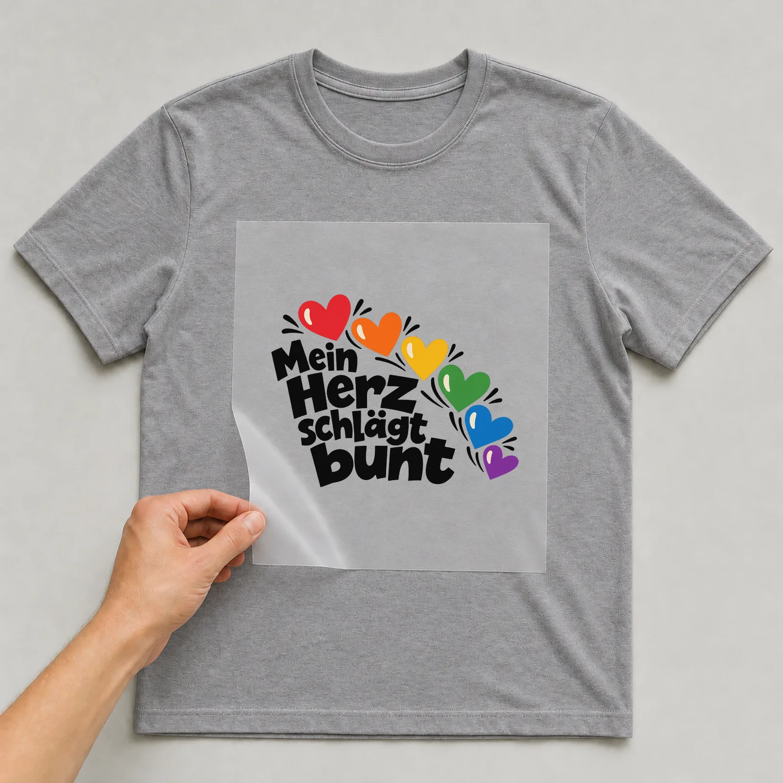 Bügelbild „Mein Herz schlägt bunt“ auf grauem T-Shirt, Folie wird aufgelegt