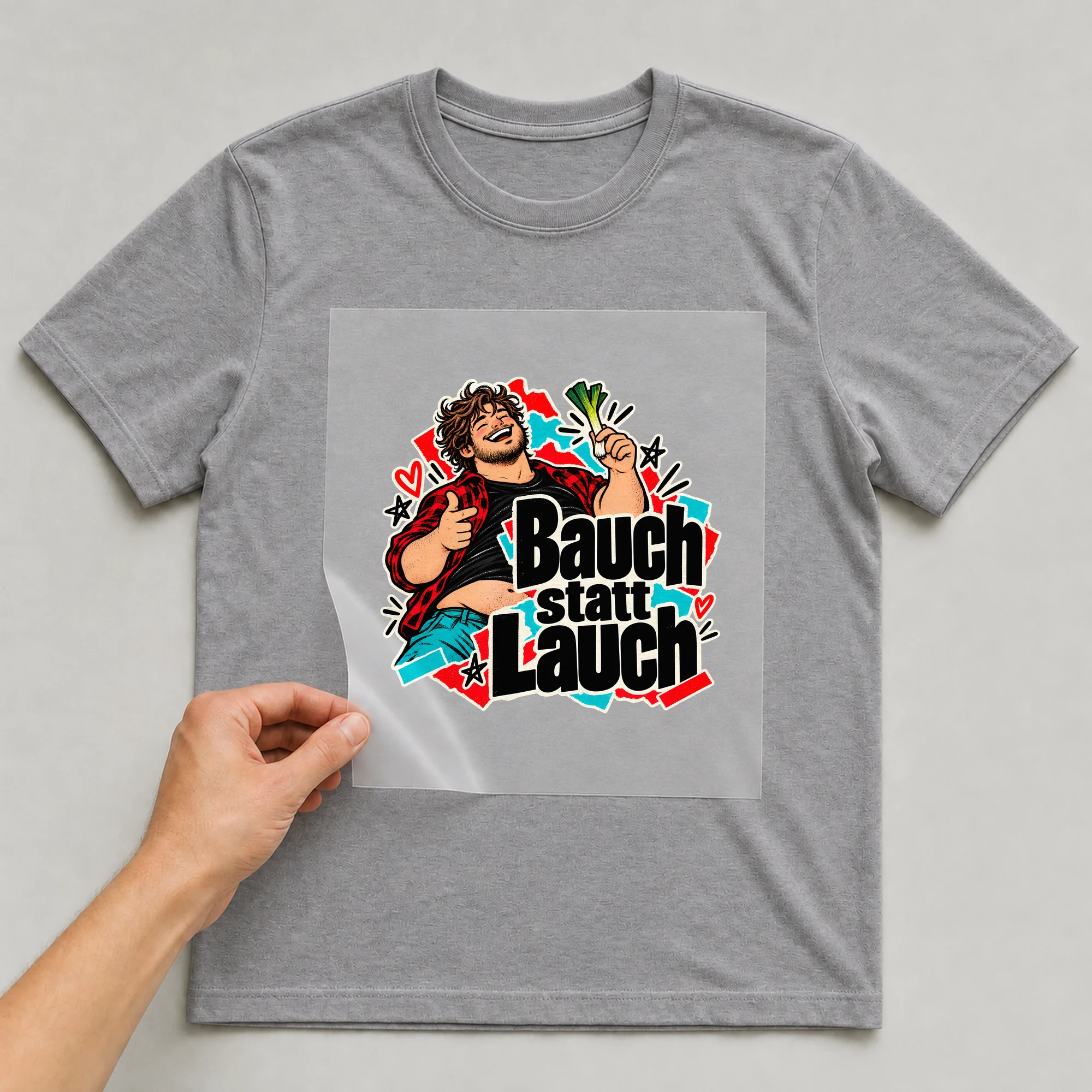 Bügelbild „Bauch statt Lauch“ auf grauem T-Shirt, Folie wird aufgelegt