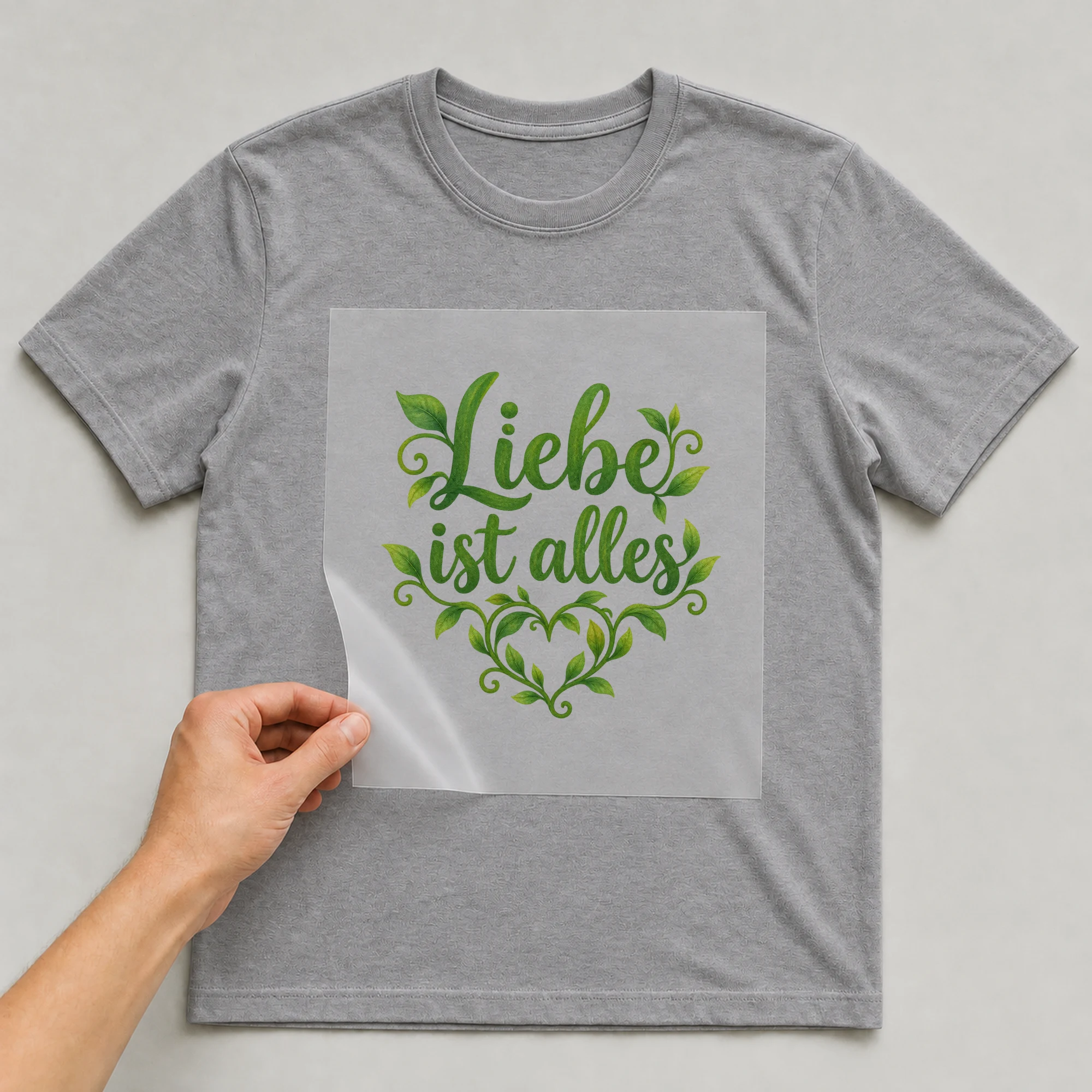 Bügelbild „Liebe ist alles“ auf grauem T-Shirt, Folie wird aufgelegt