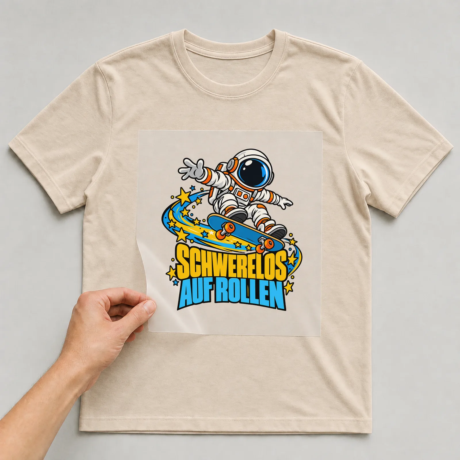 Bügelbild „Schwerelos auf Rollen“ auf beigem T-Shirt, Folie wird aufgelegt