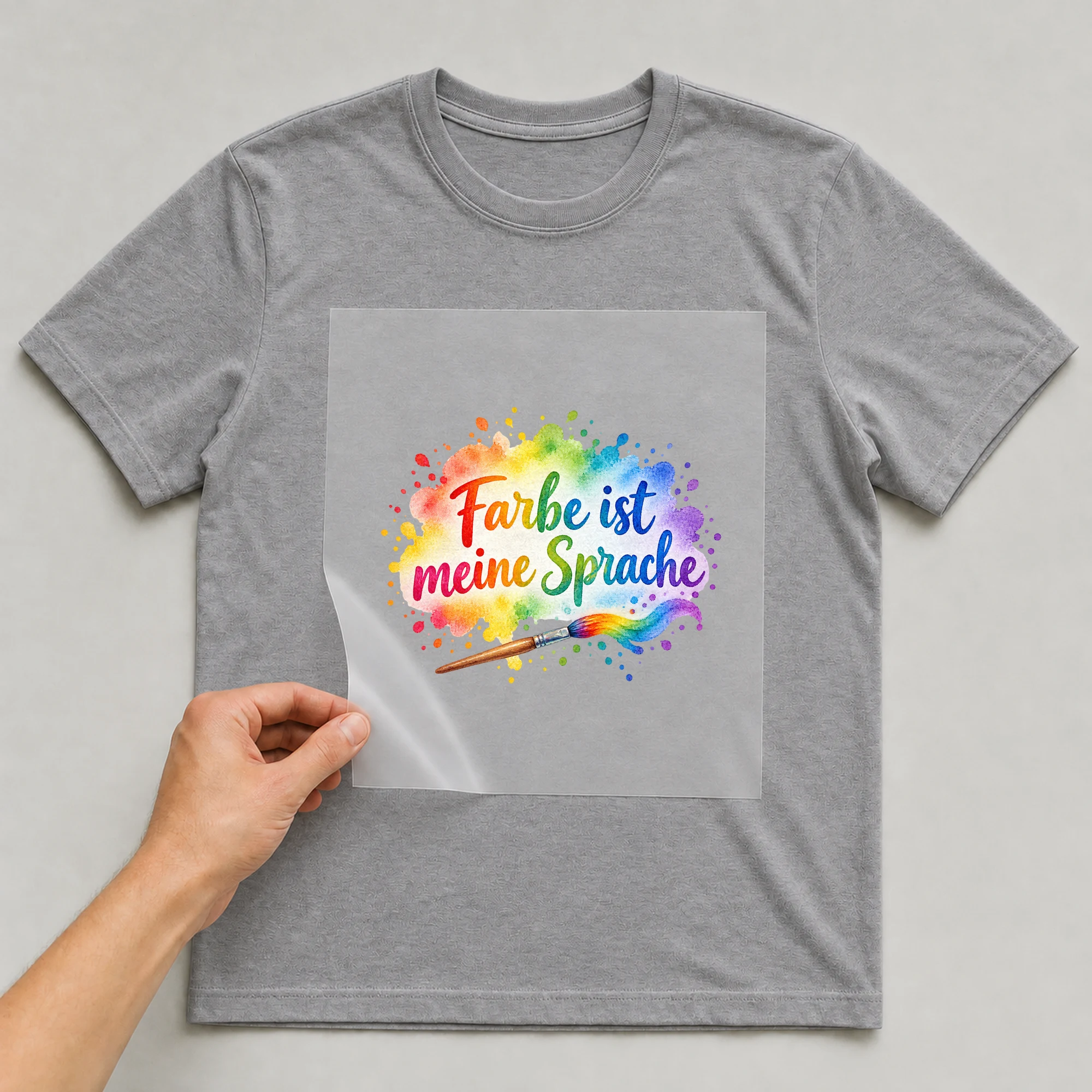 Bügelbild „Farbe ist meine Sprache“ auf grauem T-Shirt, Folie wird aufgelegt