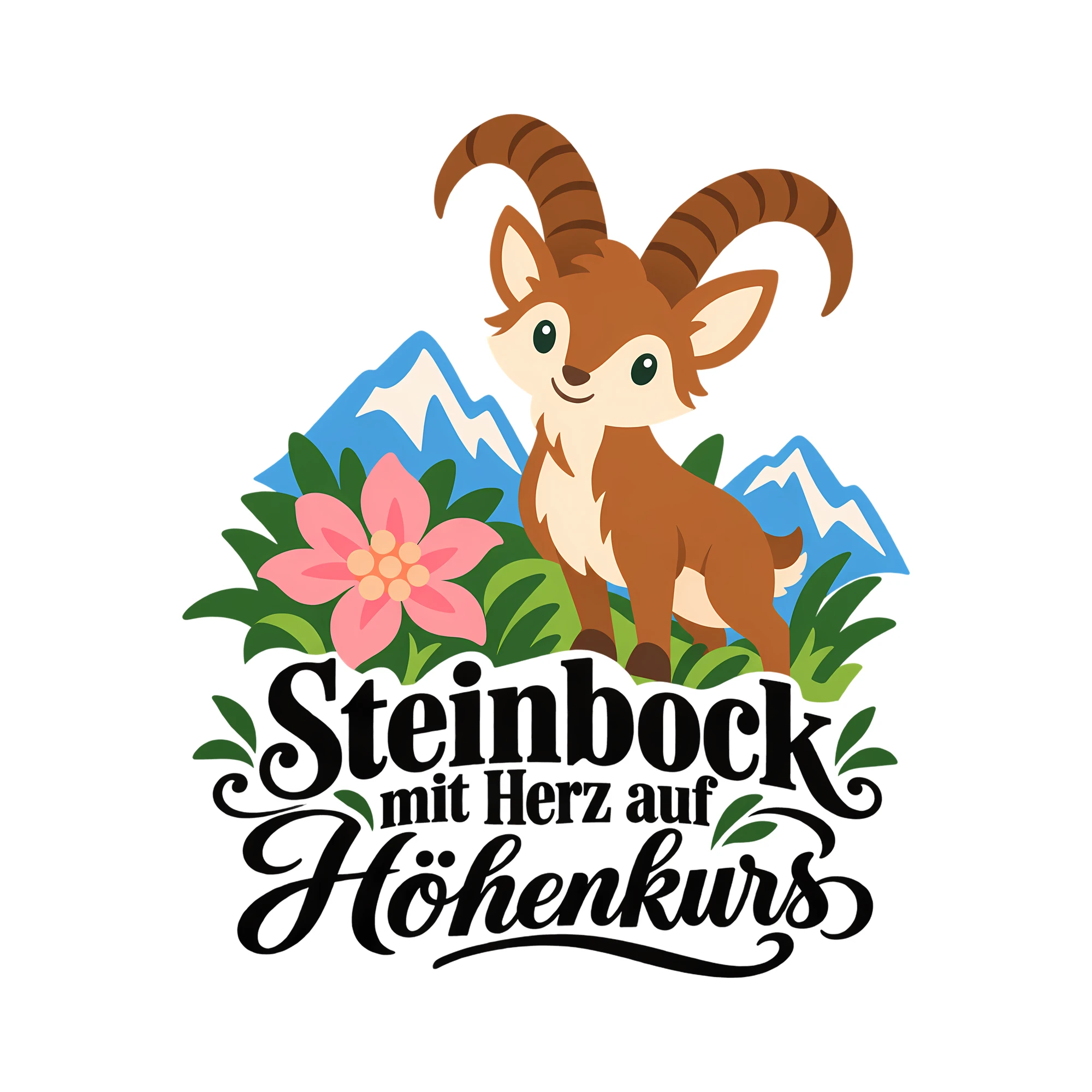 Bügelbild Steinbock mit Herz auf Höhenkurs als Grafik auf weißem Hintergrund (BB013493)