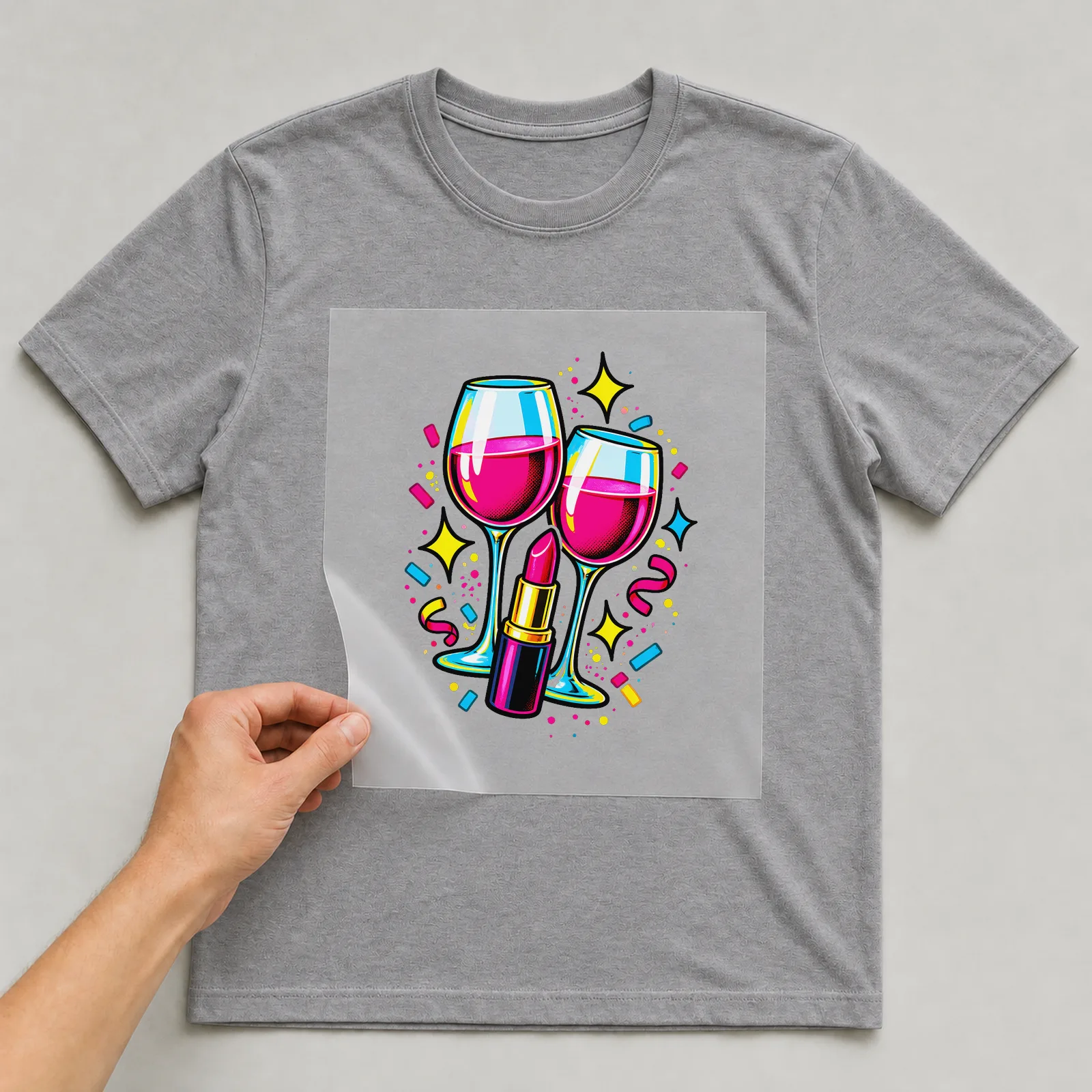 Bügelbild freundschaft wein lippenstift auf grauem T-Shirt, Folie wird aufgelegt