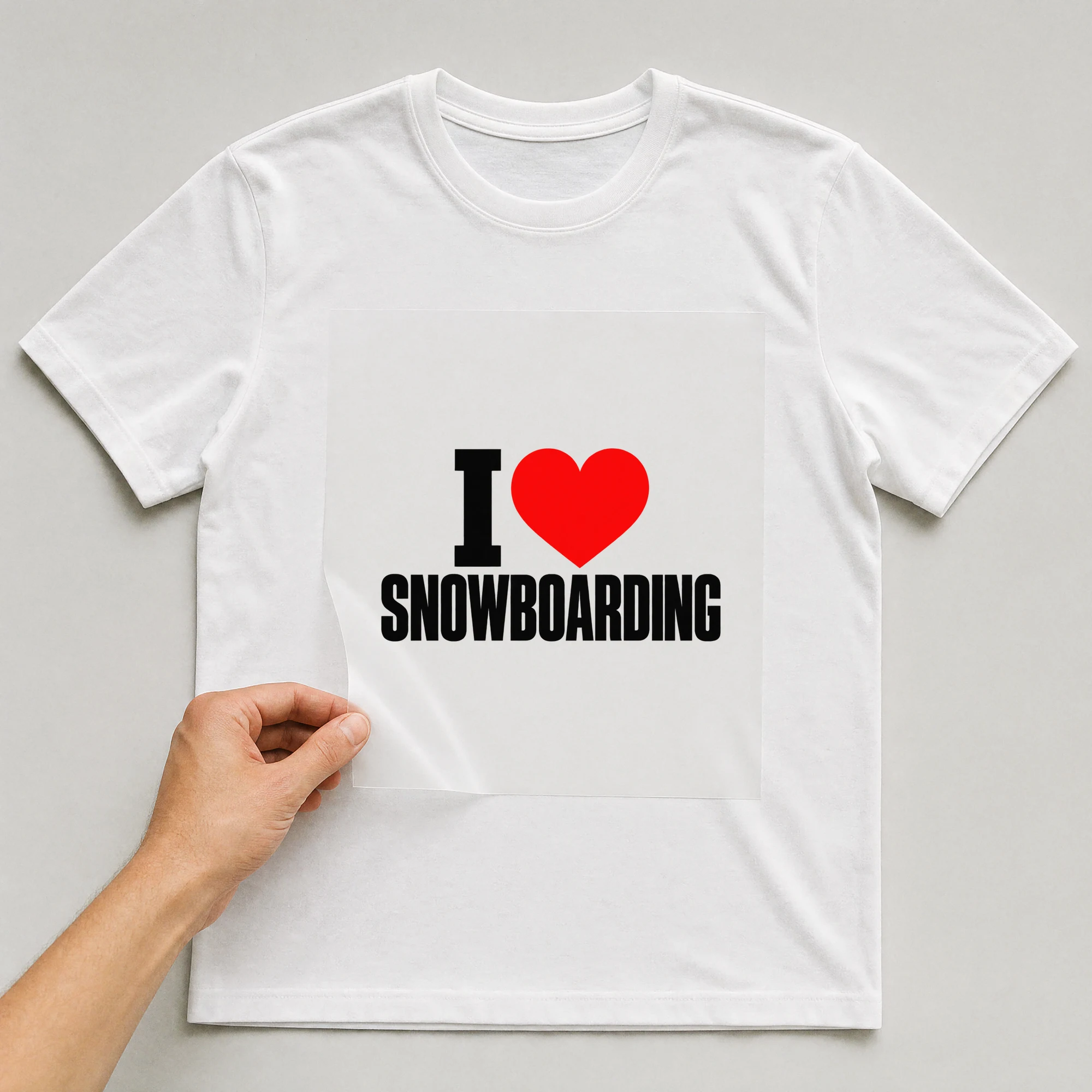 Bügelbild „I Snowboarding“ auf weißem T-Shirt, Folie wird aufgelegt