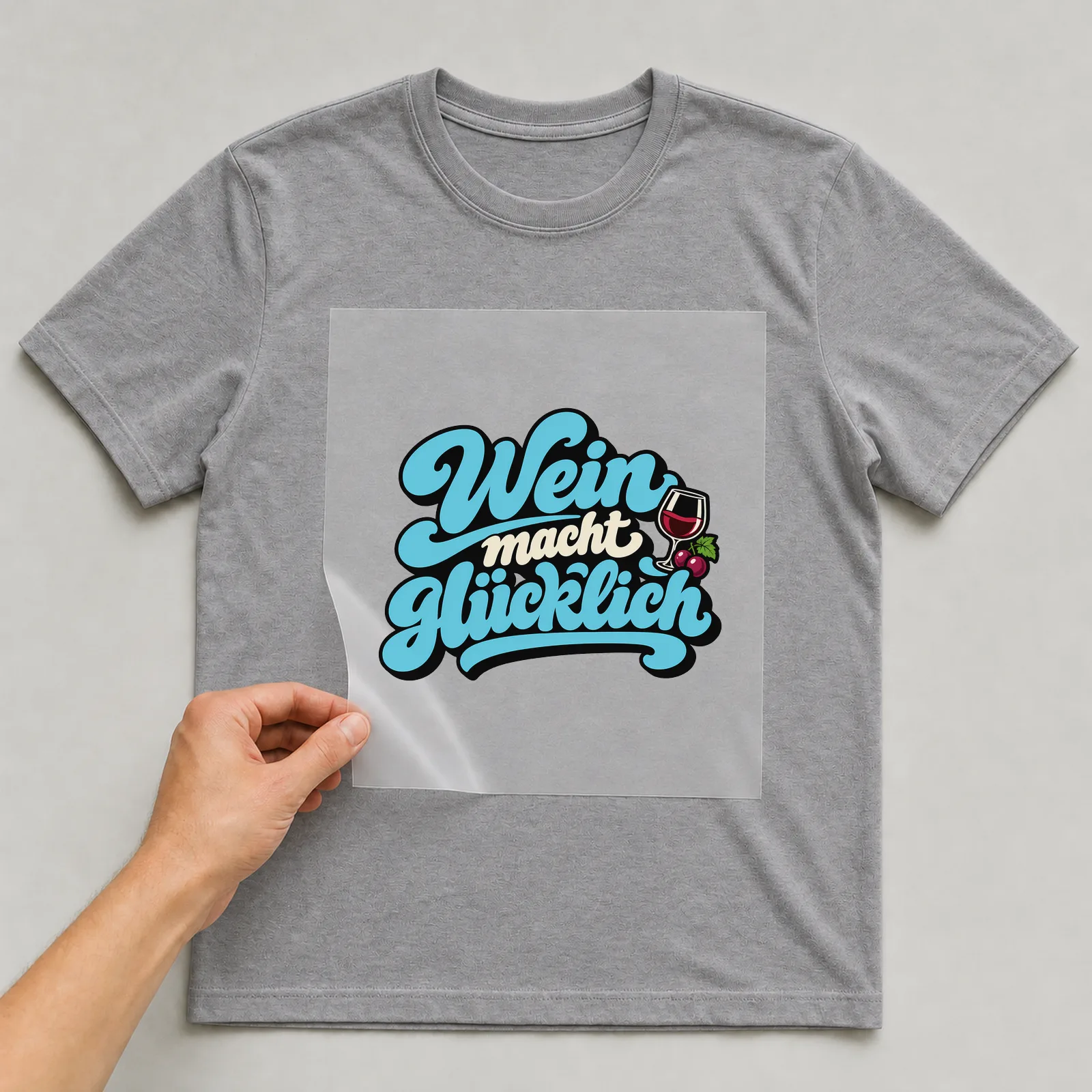 Bügelbild „Wein macht glücklich“ auf grauem T-Shirt, Folie wird aufgelegt