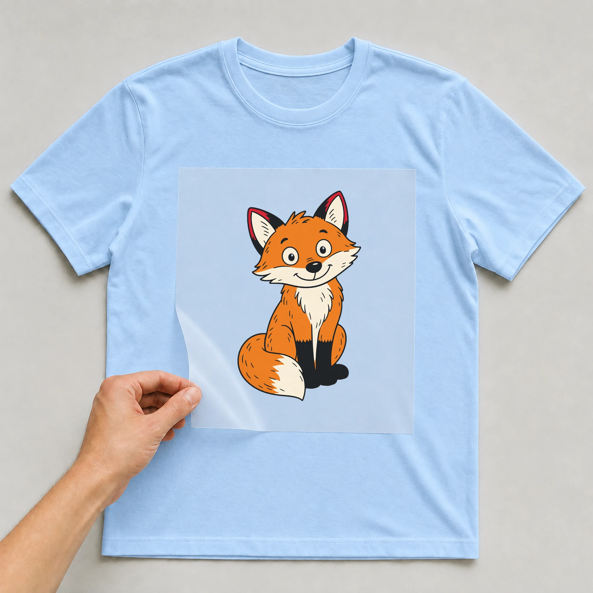 Bügelbild „Fuchs sitzend“ auf babyblauem T-Shirt, Folie wird aufgelegt
