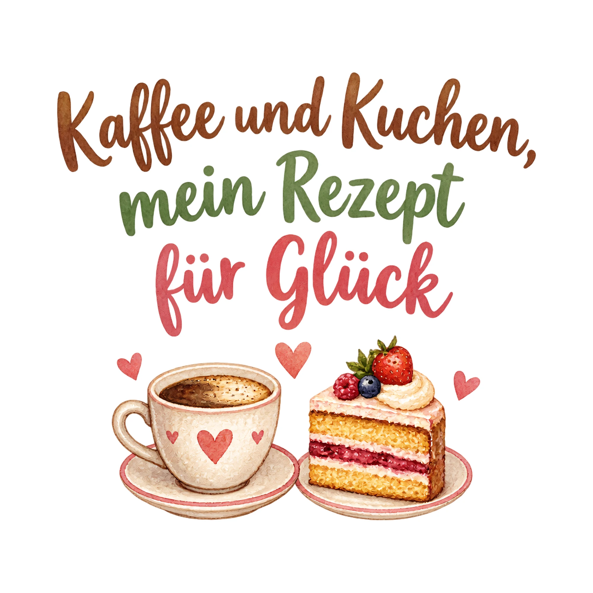 Bügelbild Kaffee und Kuchen, mein Rezept für Glück als Grafik auf weißem Hintergrund (BB019614)