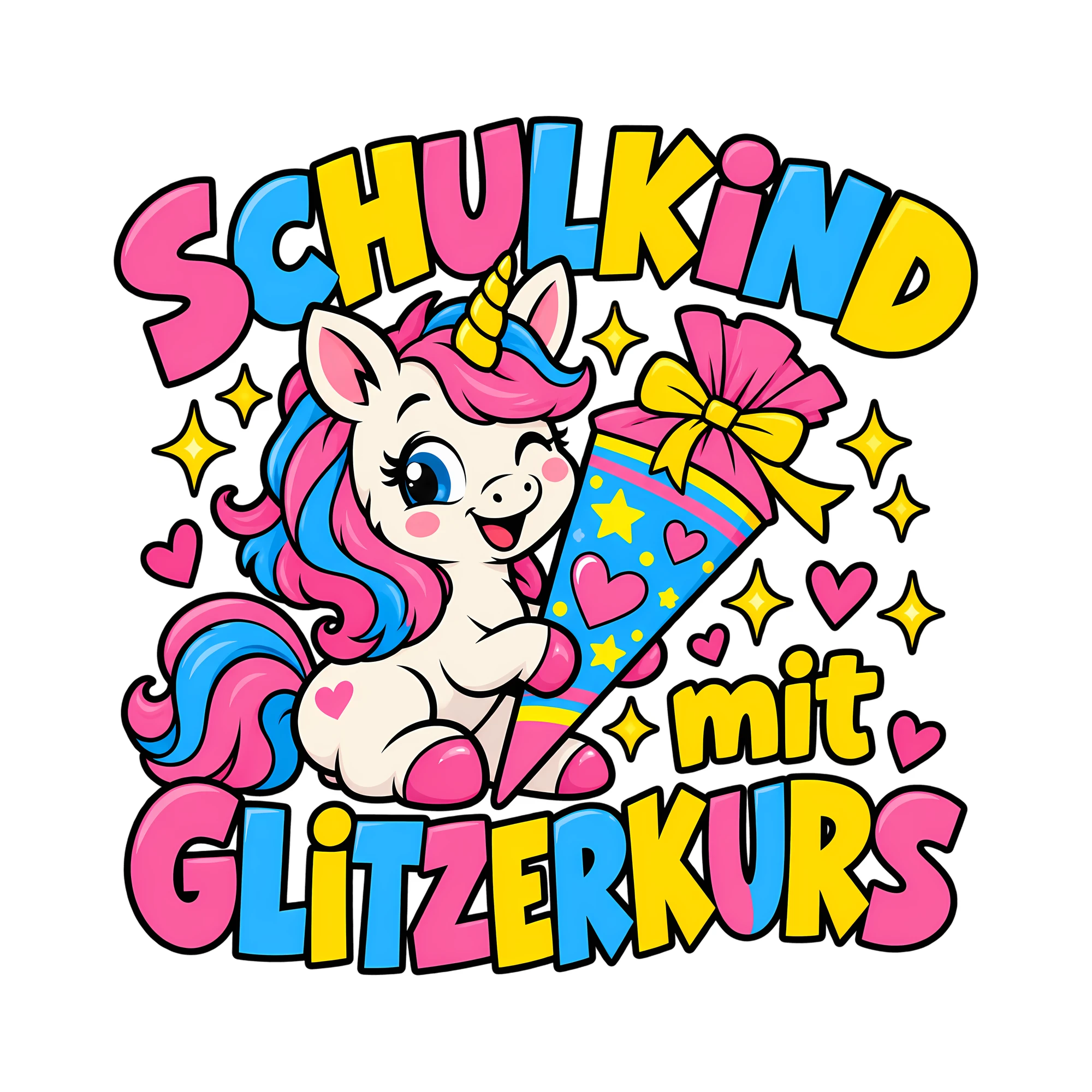 Bügelbild Schulkind mit Glitzerkurs als Grafik auf weißem Hintergrund (BB012030)