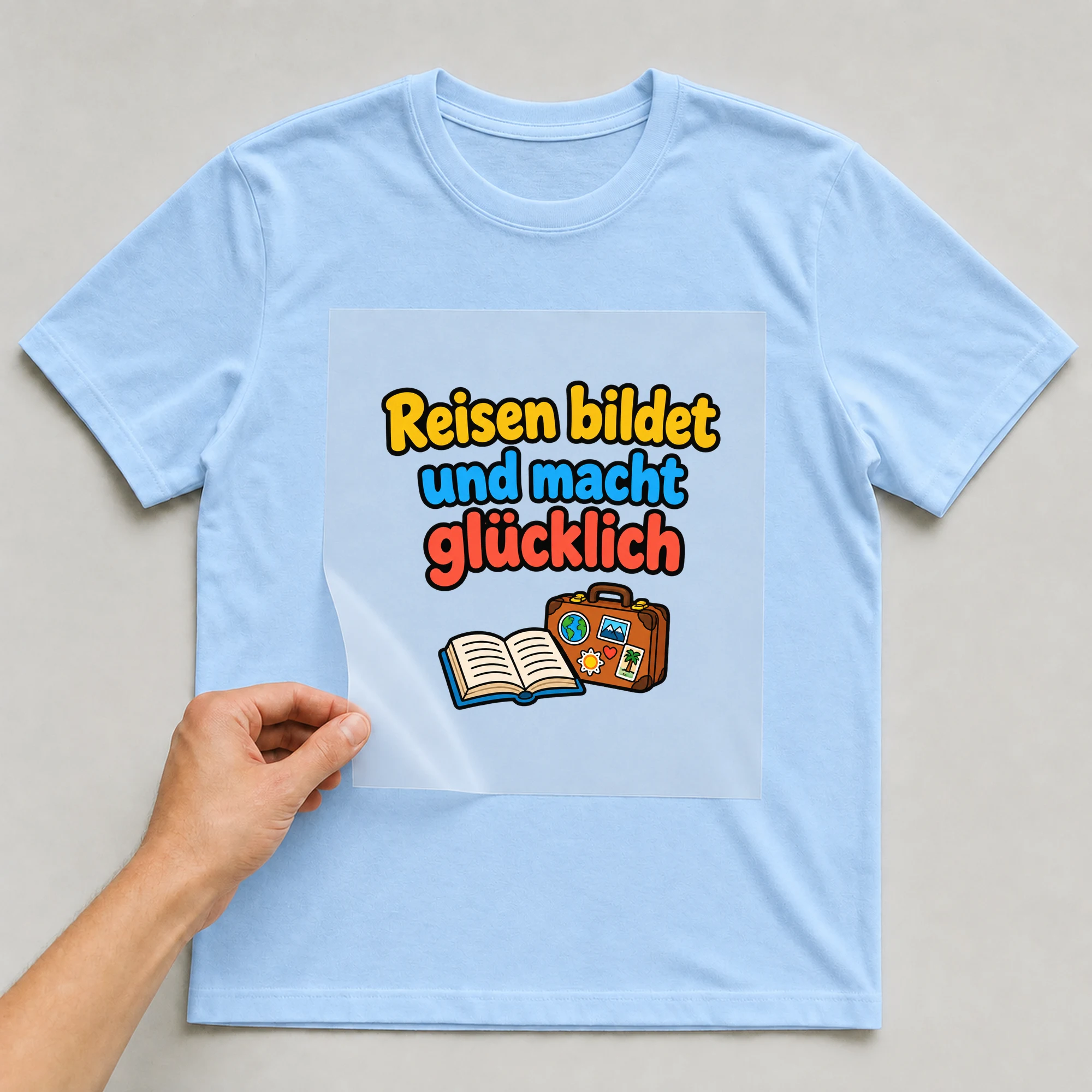 Bügelbild „Reisen bildet und macht glücklich“ auf babyblauem T-Shirt, Folie wird aufgelegt