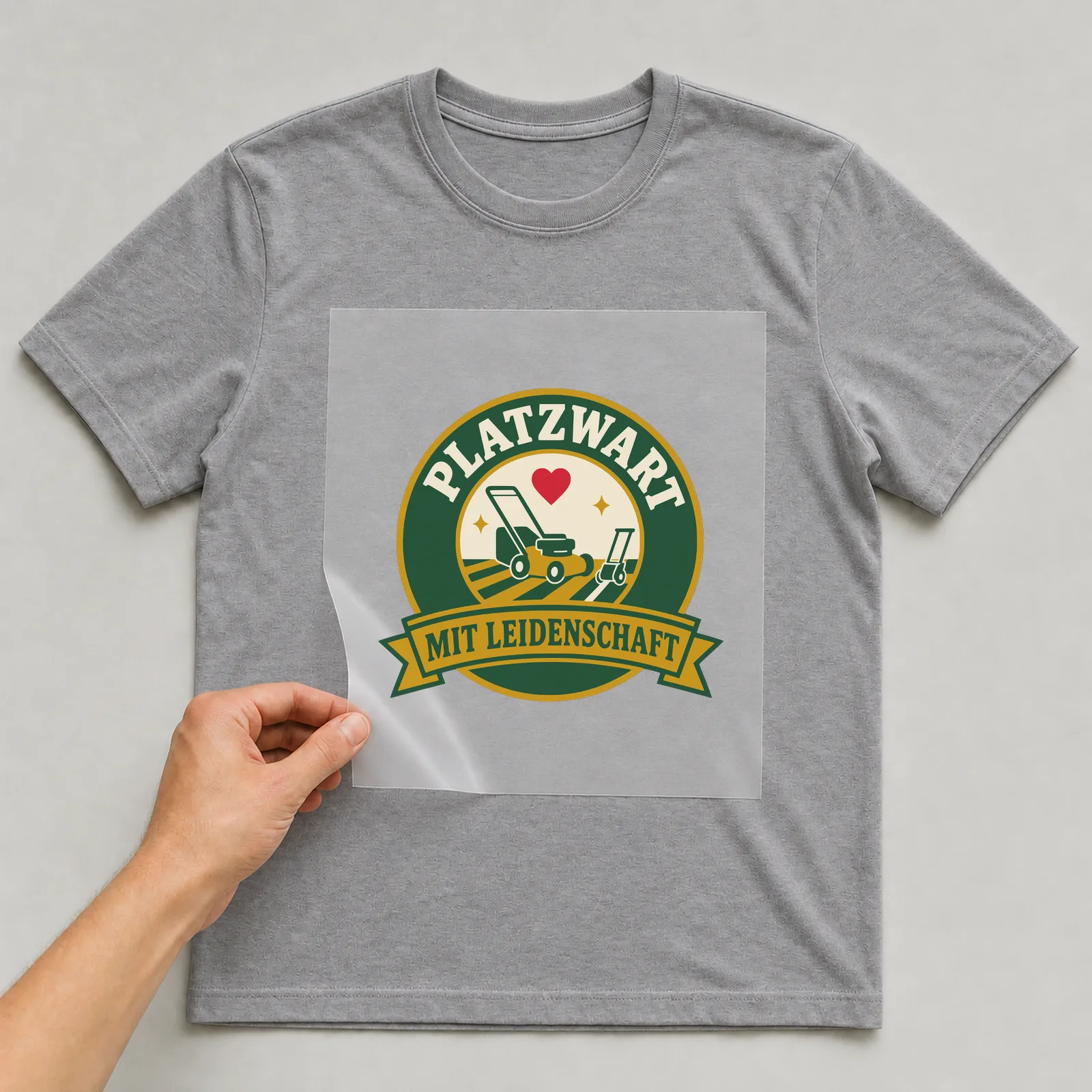 Bügelbild Platzwart mit Leidenschaft auf grauem T-Shirt, Folie wird aufgelegt