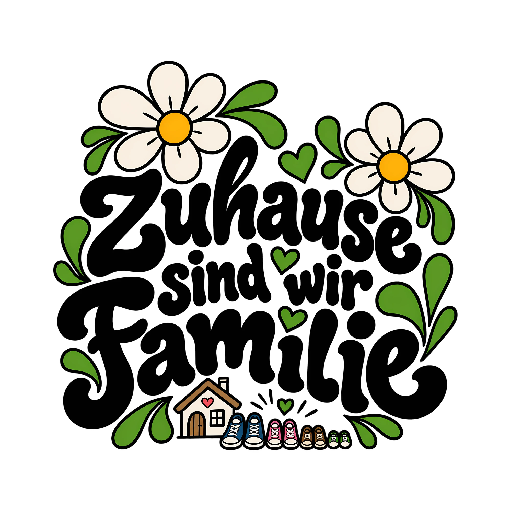 Bügelbild Zuhause sind wir Familie als Grafik auf weißem Hintergrund (BB013409)