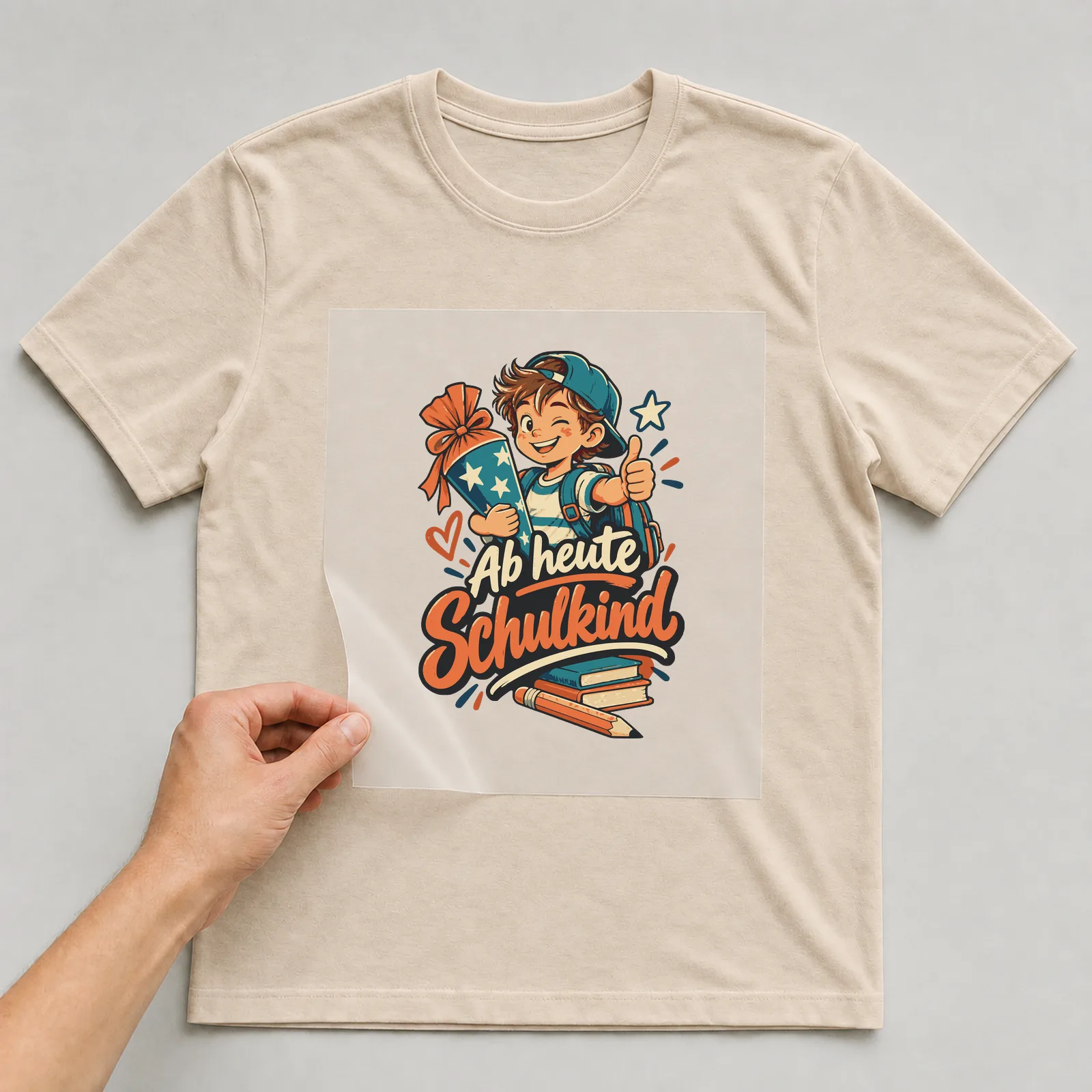 Bügelbild Ab heute Schulkind auf beigem T-Shirt, Folie wird aufgelegt