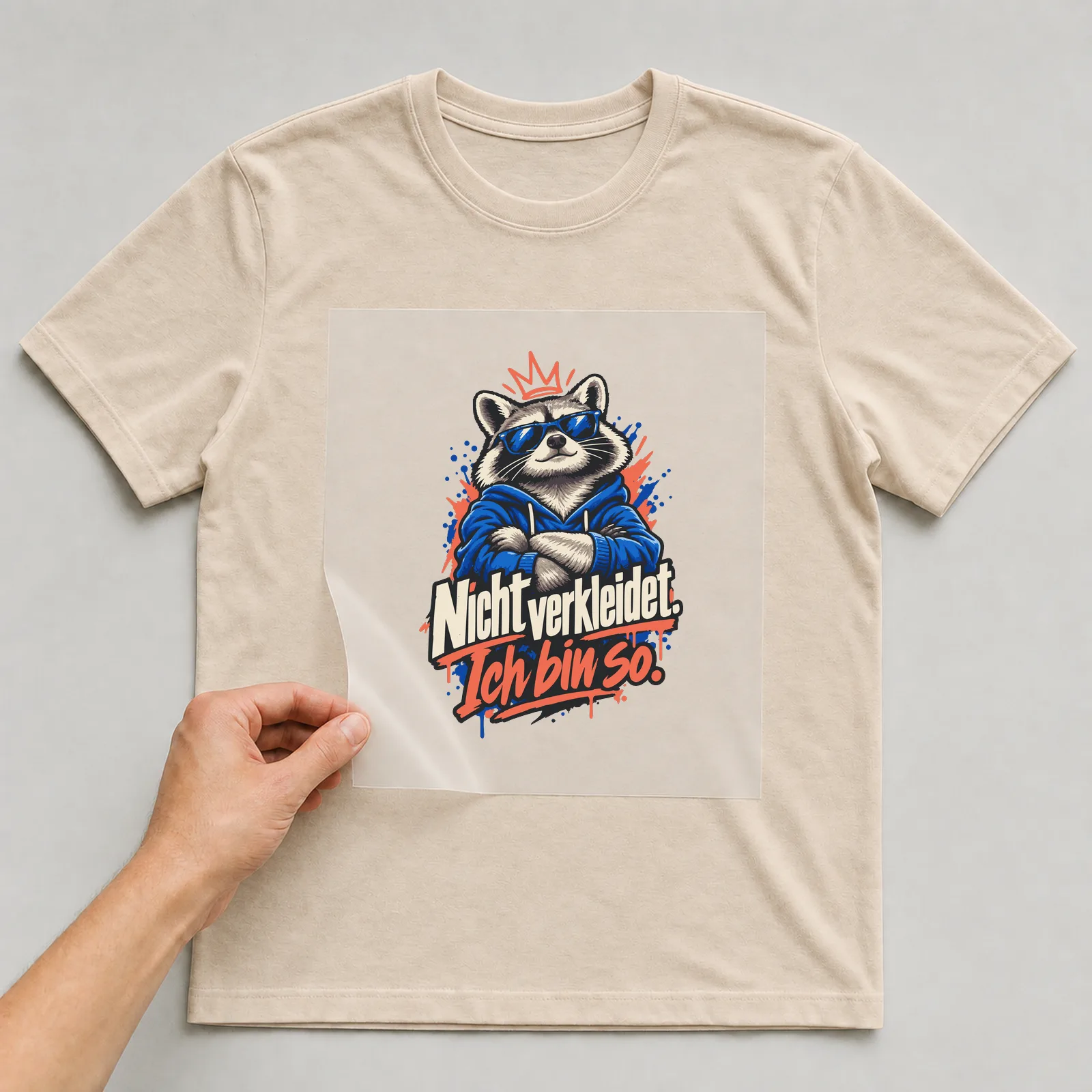 Bügelbild Nicht verkleidet. Ich bin so. auf beigem T-Shirt, Folie wird aufgelegt