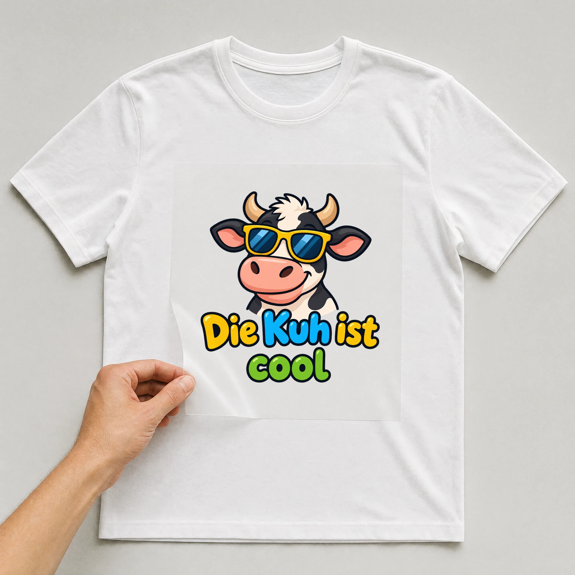 Bügelbild „Die Kuh ist cool“ auf weißem T-Shirt, Folie wird aufgelegt