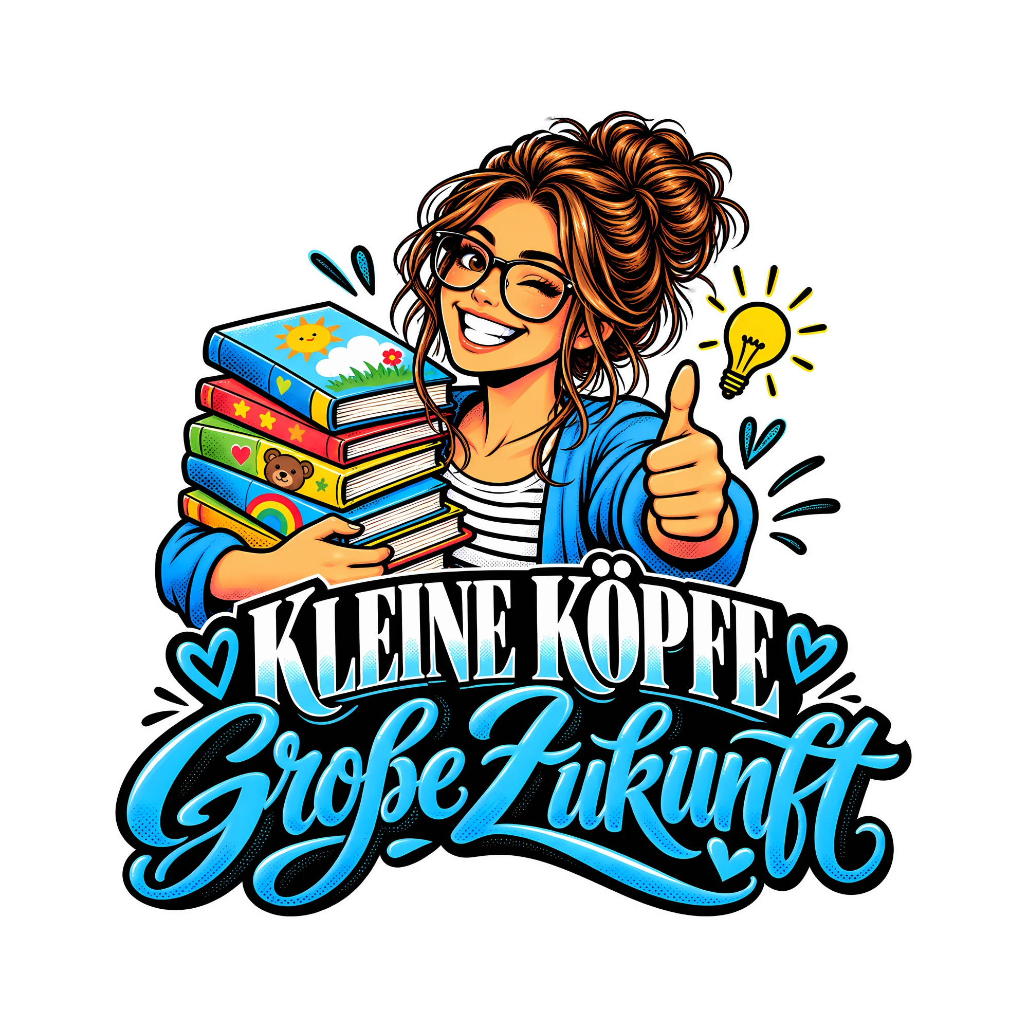 Bügelbild Kleine Köpfe große Zukunft als Grafik auf weißem Hintergrund (BB011570)
