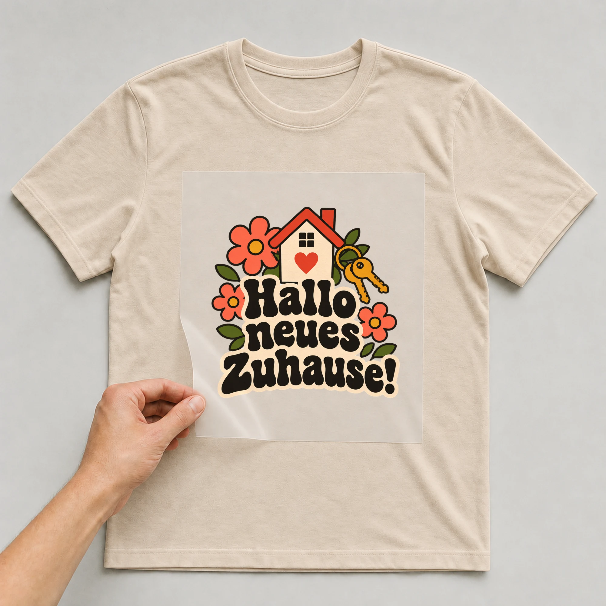 Bügelbild „Neues Lieblingshaus!“ auf beigem T-Shirt, Folie wird aufgelegt