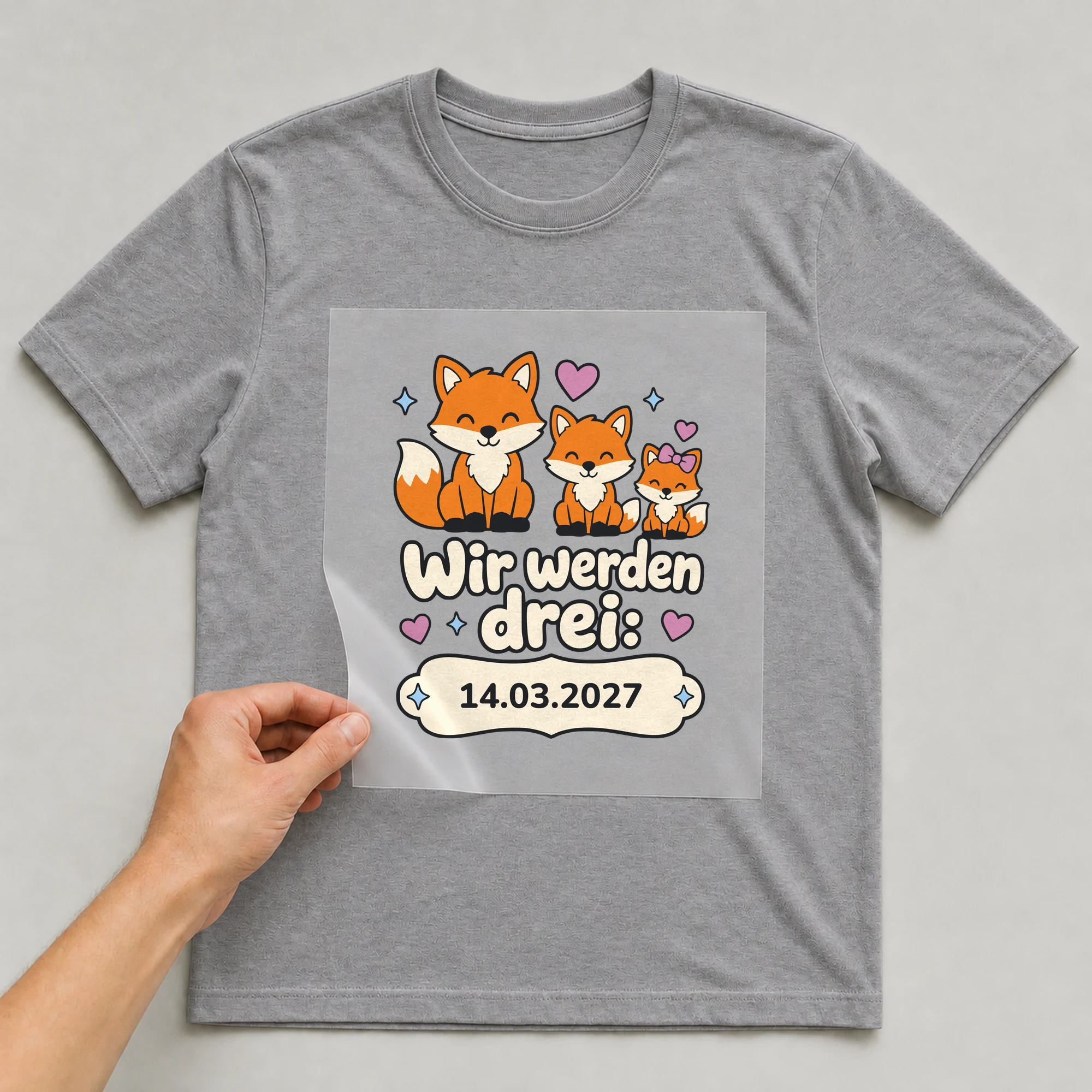 Bügelbild Wir werden drei mit Datum auf grauem T-Shirt, Folie wird aufgelegt
