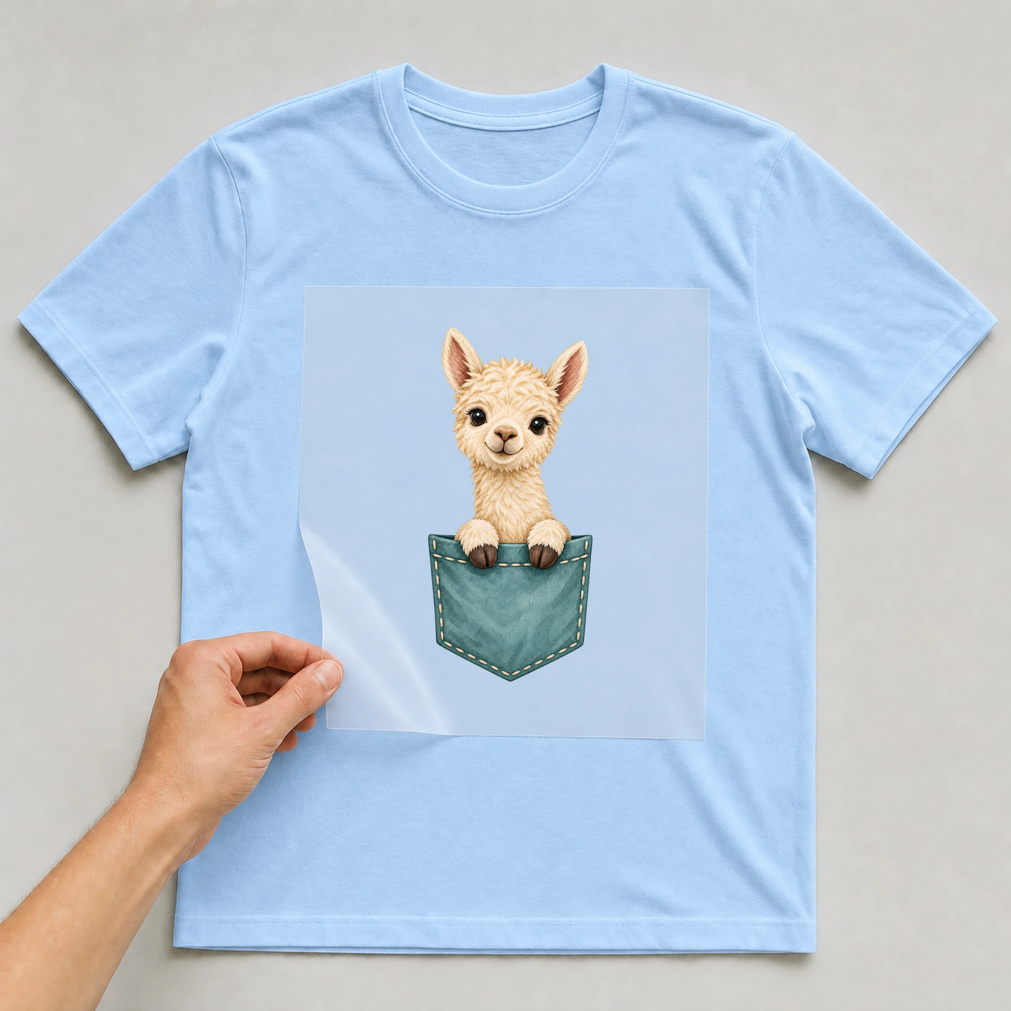 Bügelbild „Alpaka Brusttasche“ auf babyblauem T-Shirt, Folie wird aufgelegt