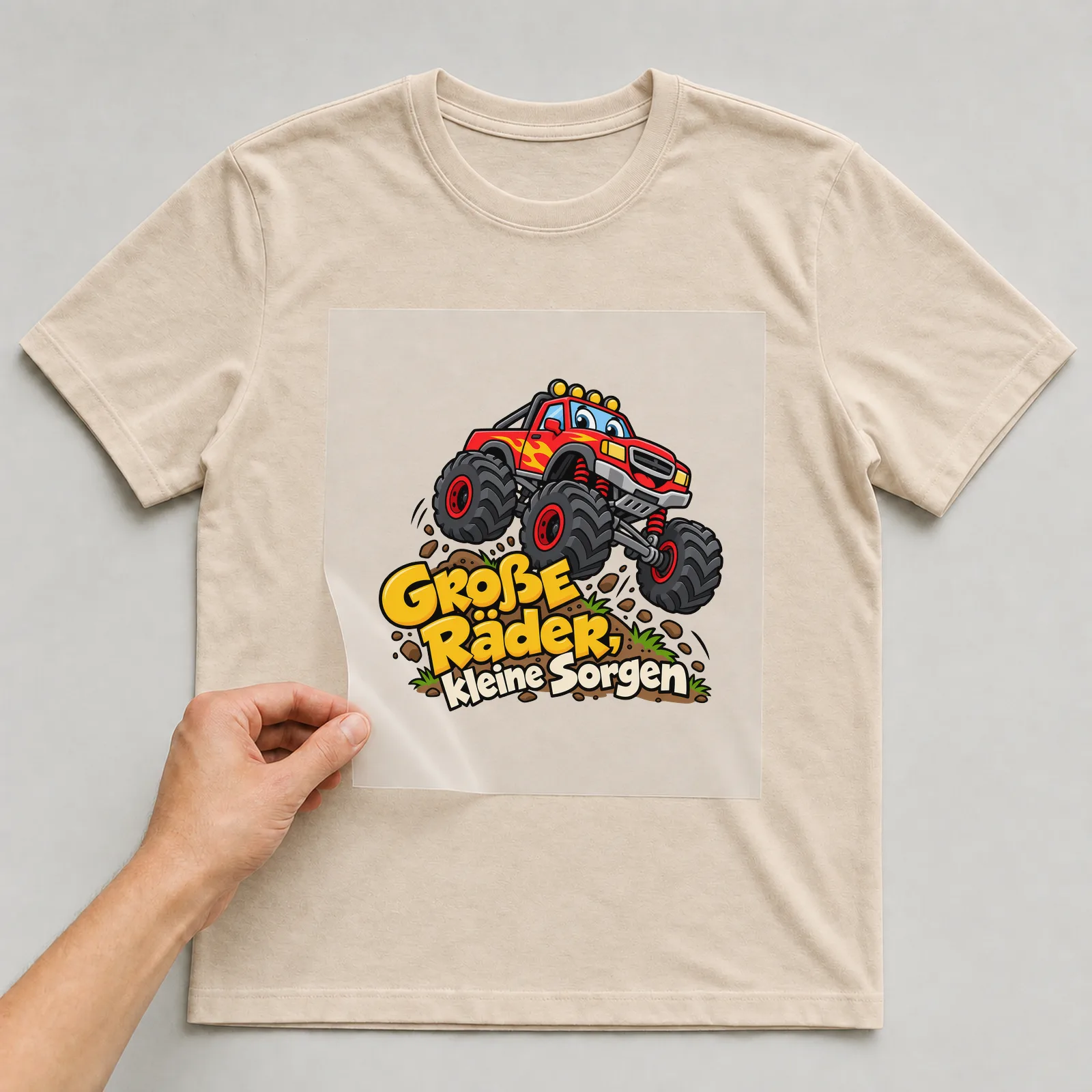 Bügelbild „Große Räder, kleine Sorgen“ auf beigem T-Shirt, Folie wird aufgelegt