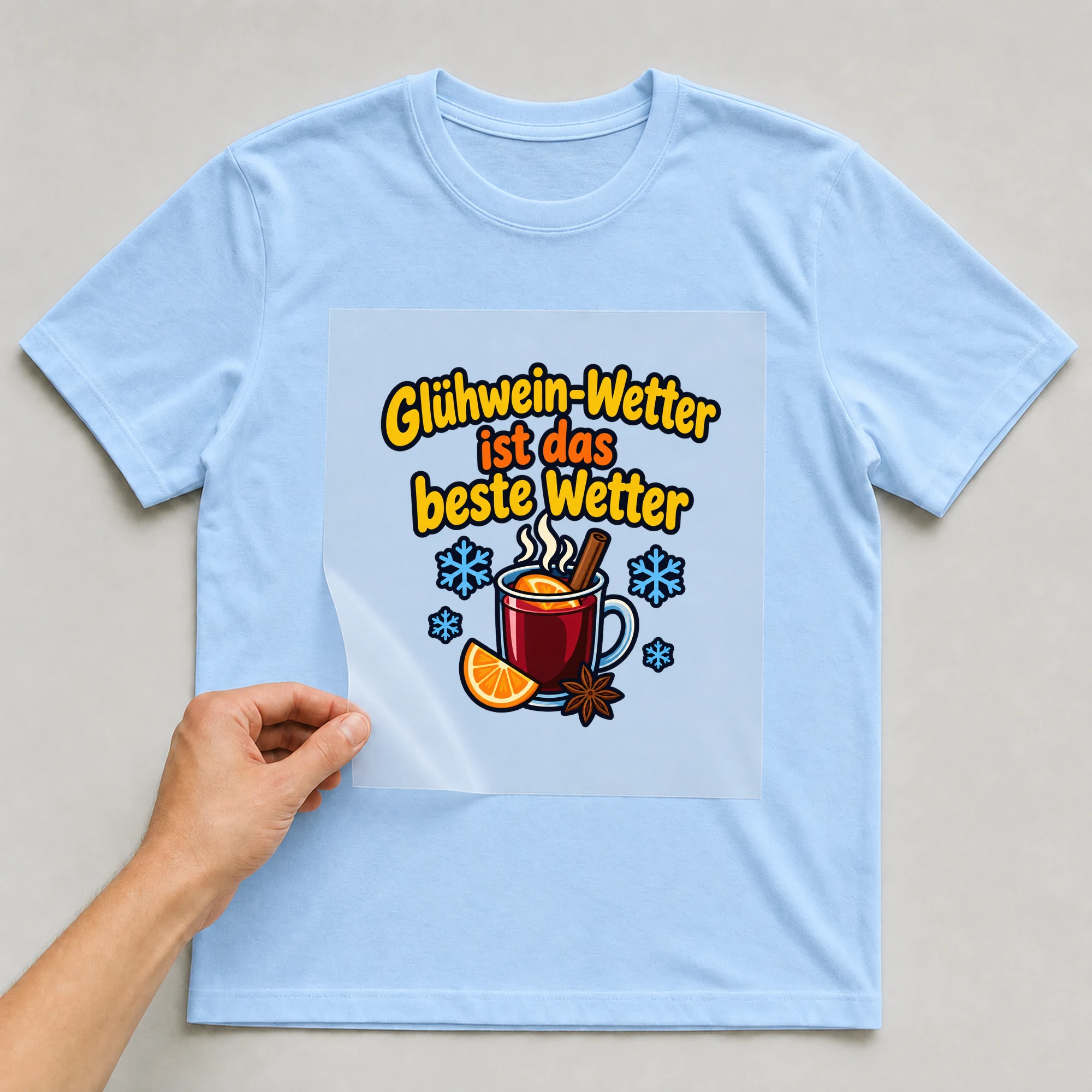Bügelbild „Glühwein-Wetter ist das beste Wetter“ auf babyblauem T-Shirt, Folie wird aufgelegt