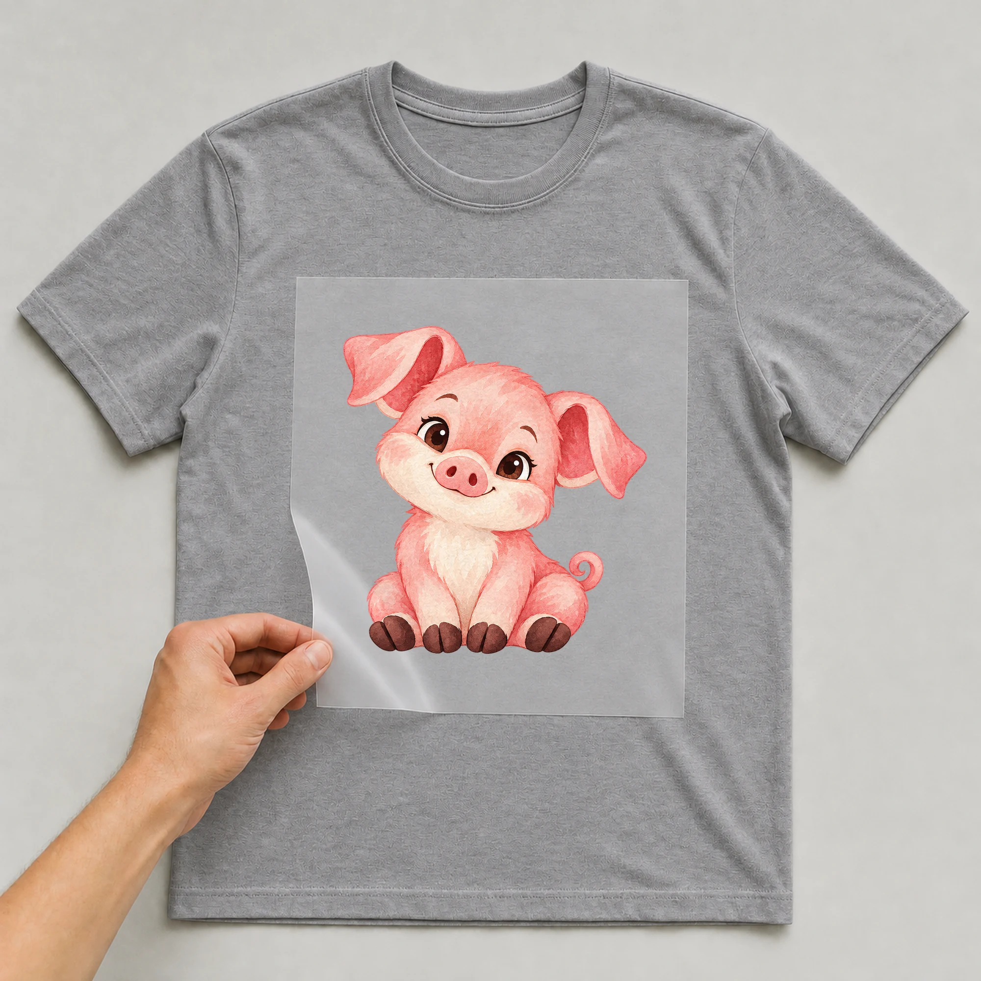 Bügelbild „BB021143-motiv-r03650“ auf grauem T-Shirt, Folie wird aufgelegt