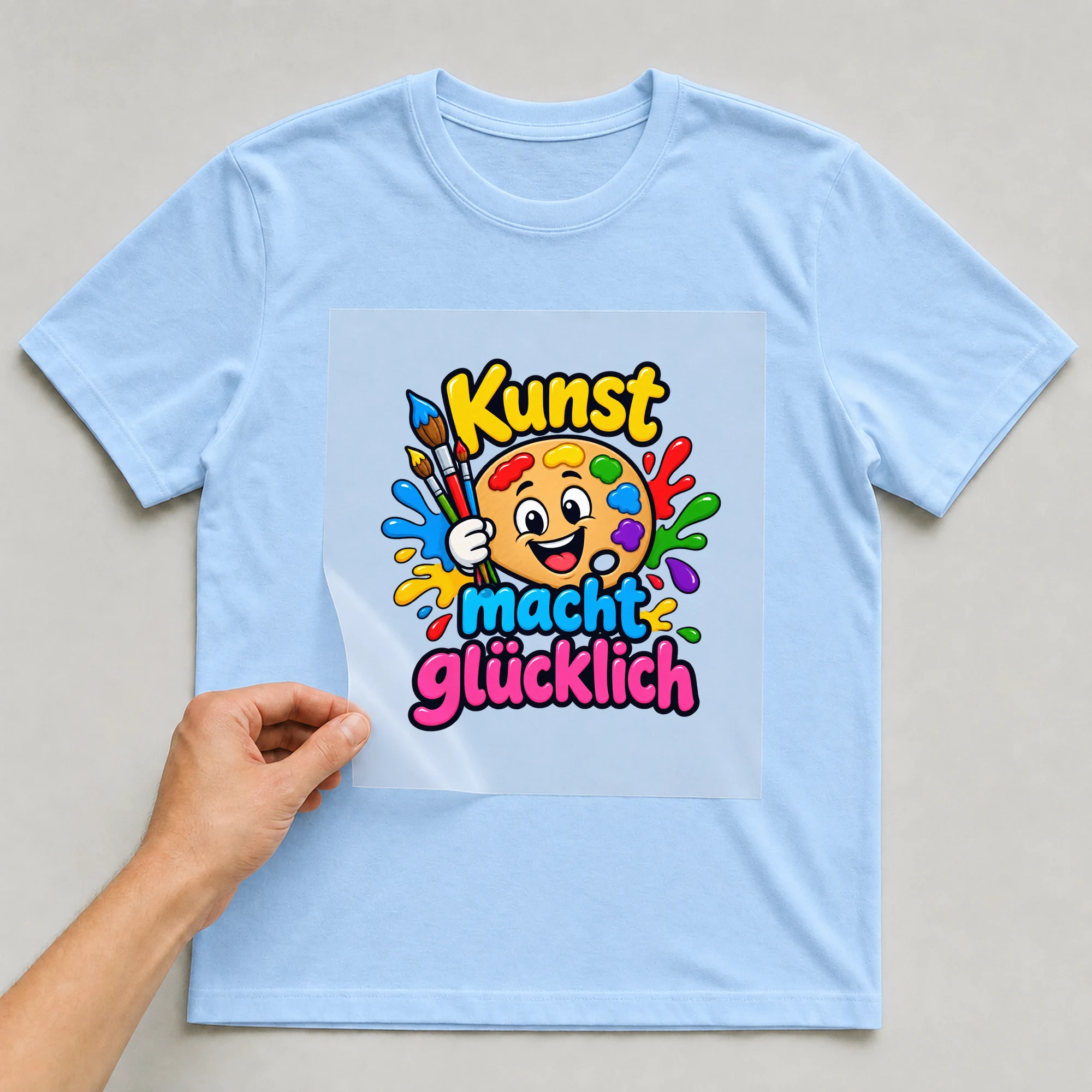 Bügelbild „Kunst macht glücklich“ auf babyblauem T-Shirt, Folie wird aufgelegt