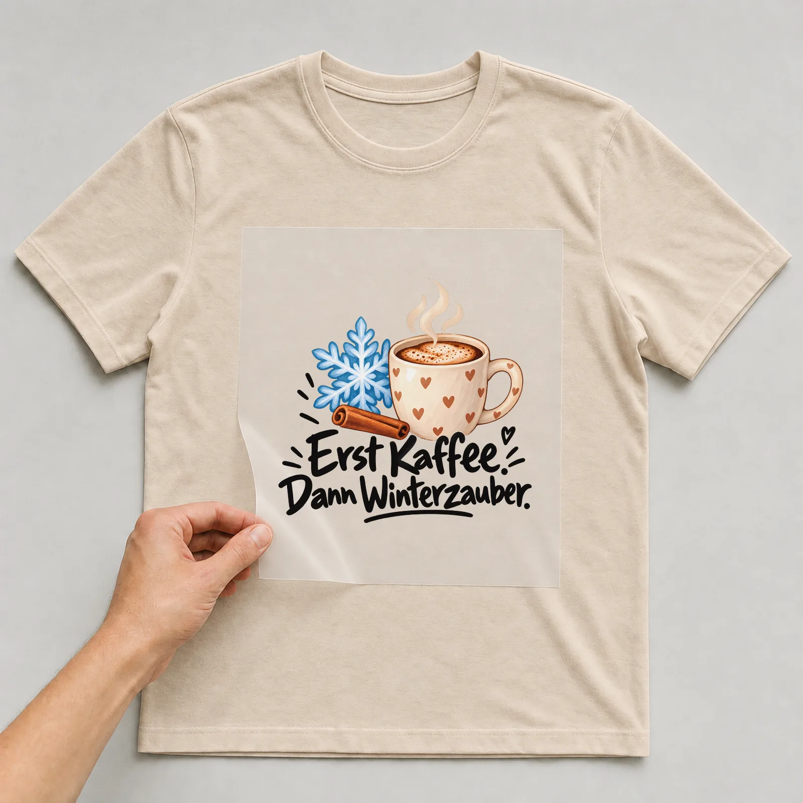 Bügelbild „Erst Kaffee. Dann Winterzauber.“ auf beigem T-Shirt, Folie wird aufgelegt