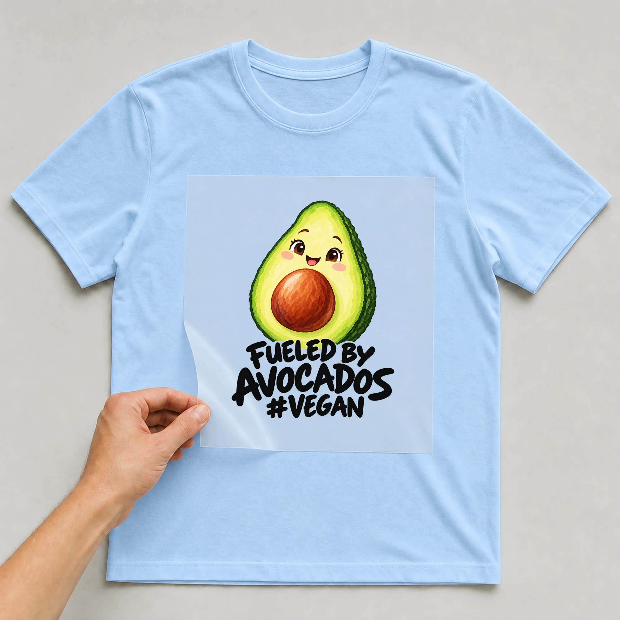 Bügelbild „Fueled By Avocados #vegan“ auf babyblauem T-Shirt, Folie wird aufgelegt