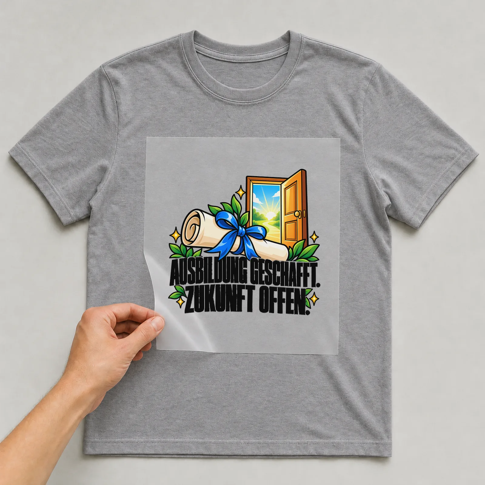 Bügelbild „Ausbildung geschafft. Zukunft offen.“ auf grauem T-Shirt, Folie wird aufgelegt