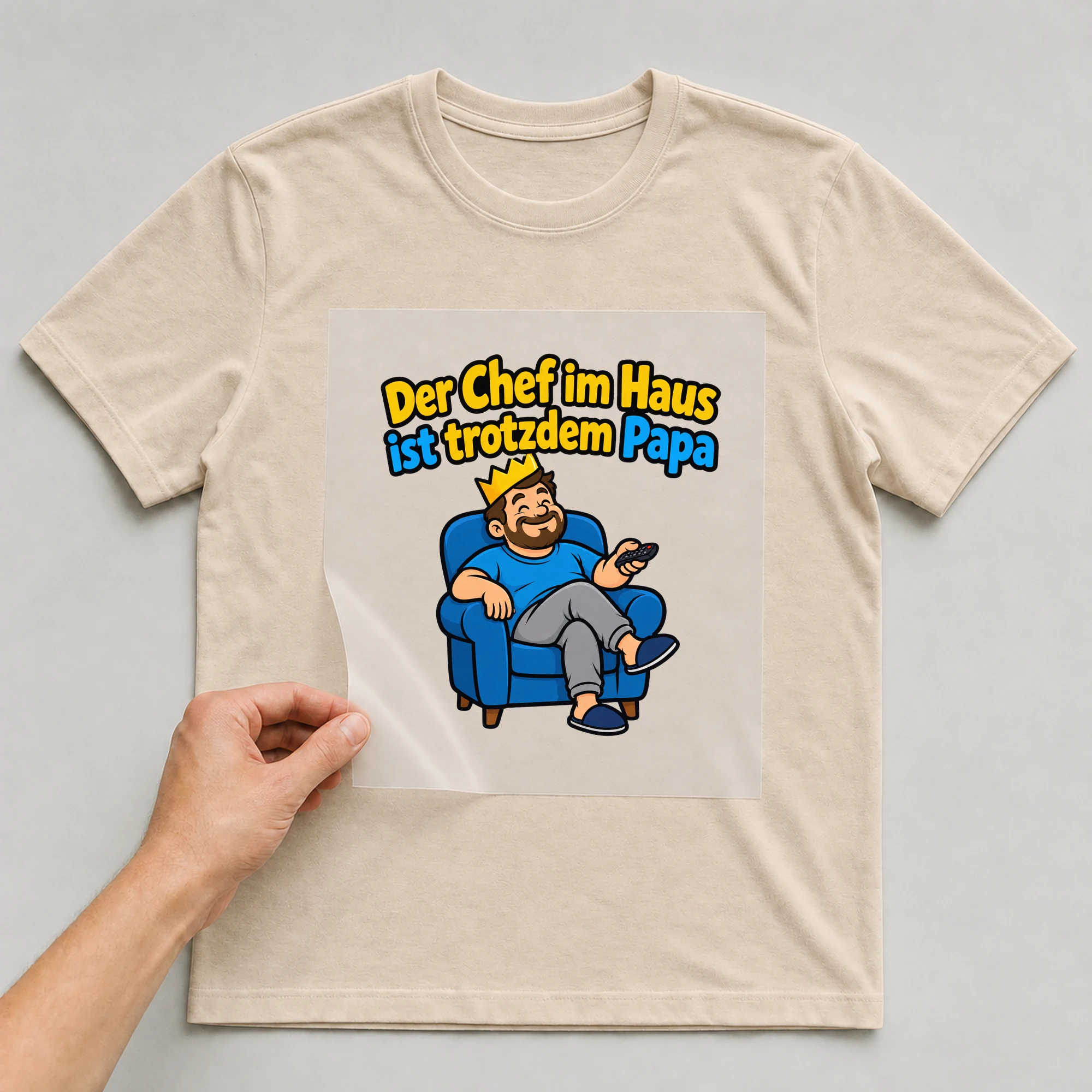 Bügelbild „Der Chef im Haus ist trotzdem Papa“ auf beigem T-Shirt, Folie wird aufgelegt
