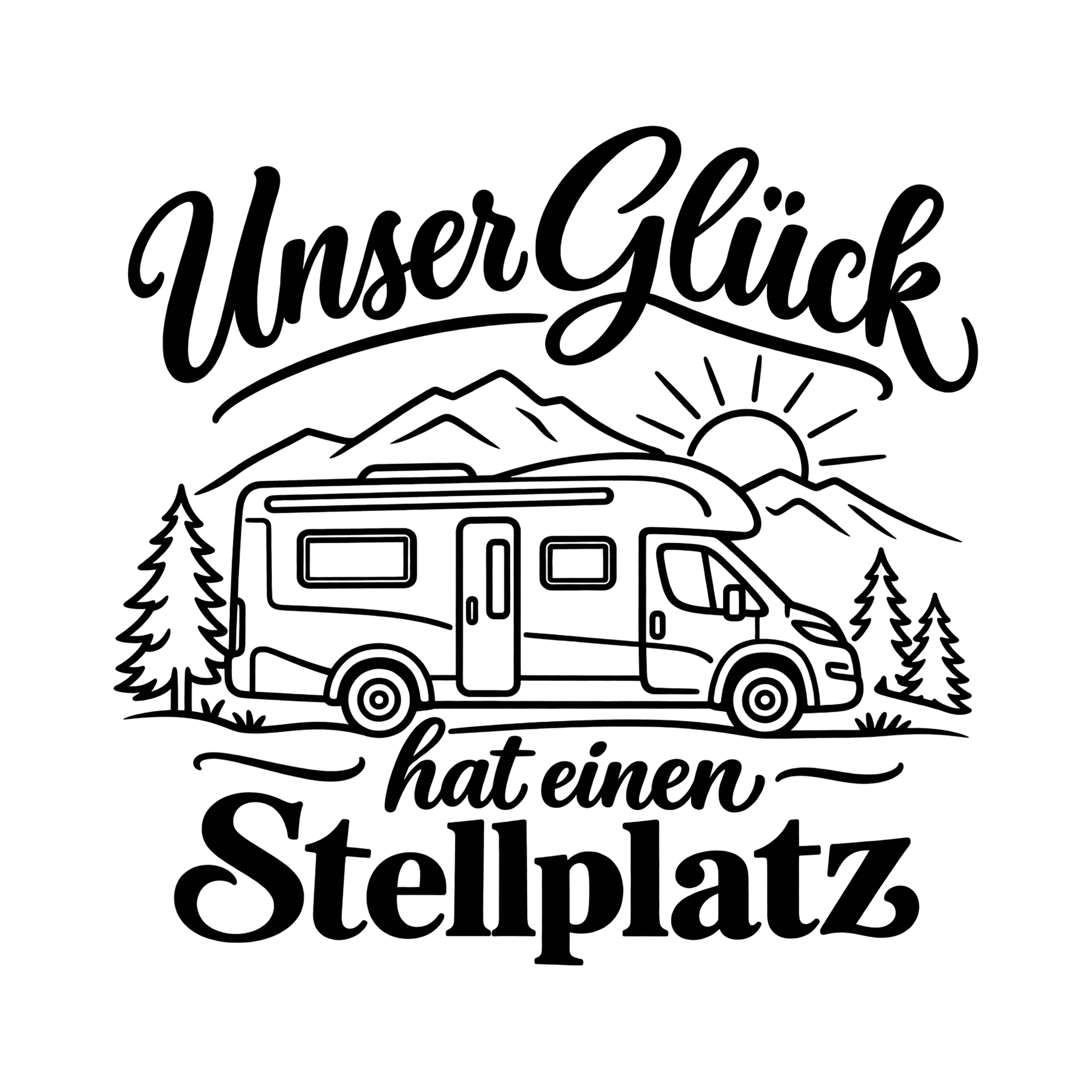 Bügelbild Unser Glück hat einen Stellplatz als Grafik auf weißem Hintergrund (BB014513)