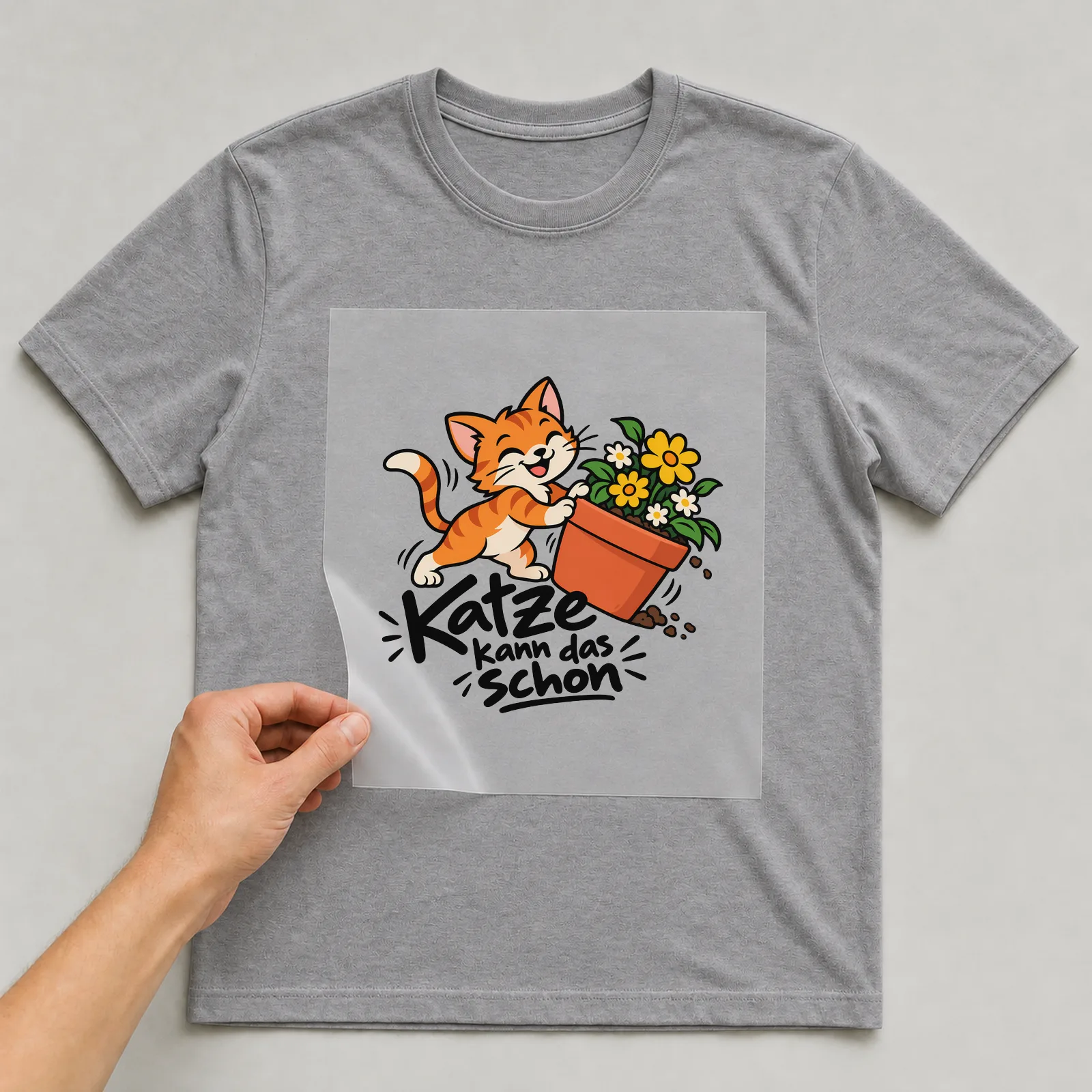 Bügelbild „Katze kann das schon“ auf grauem T-Shirt, Folie wird aufgelegt