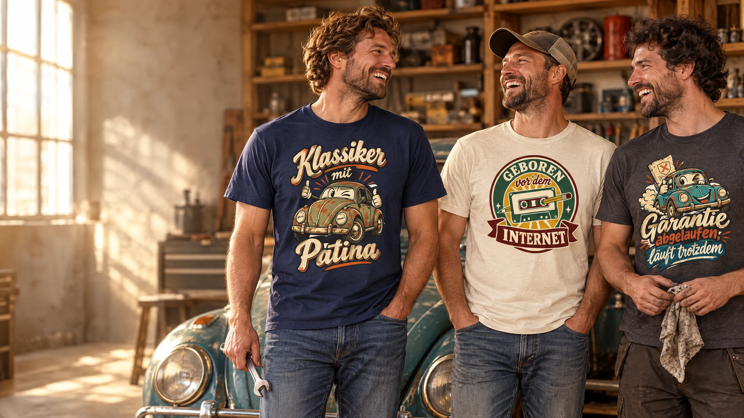 Retro und Vintage: Freunde im Lifestyle-Look mit den Bügelbild-Motiven Klassiker mit Patina, Geboren vor dem Internet und Garantie abgelaufen, läuft trotzdem