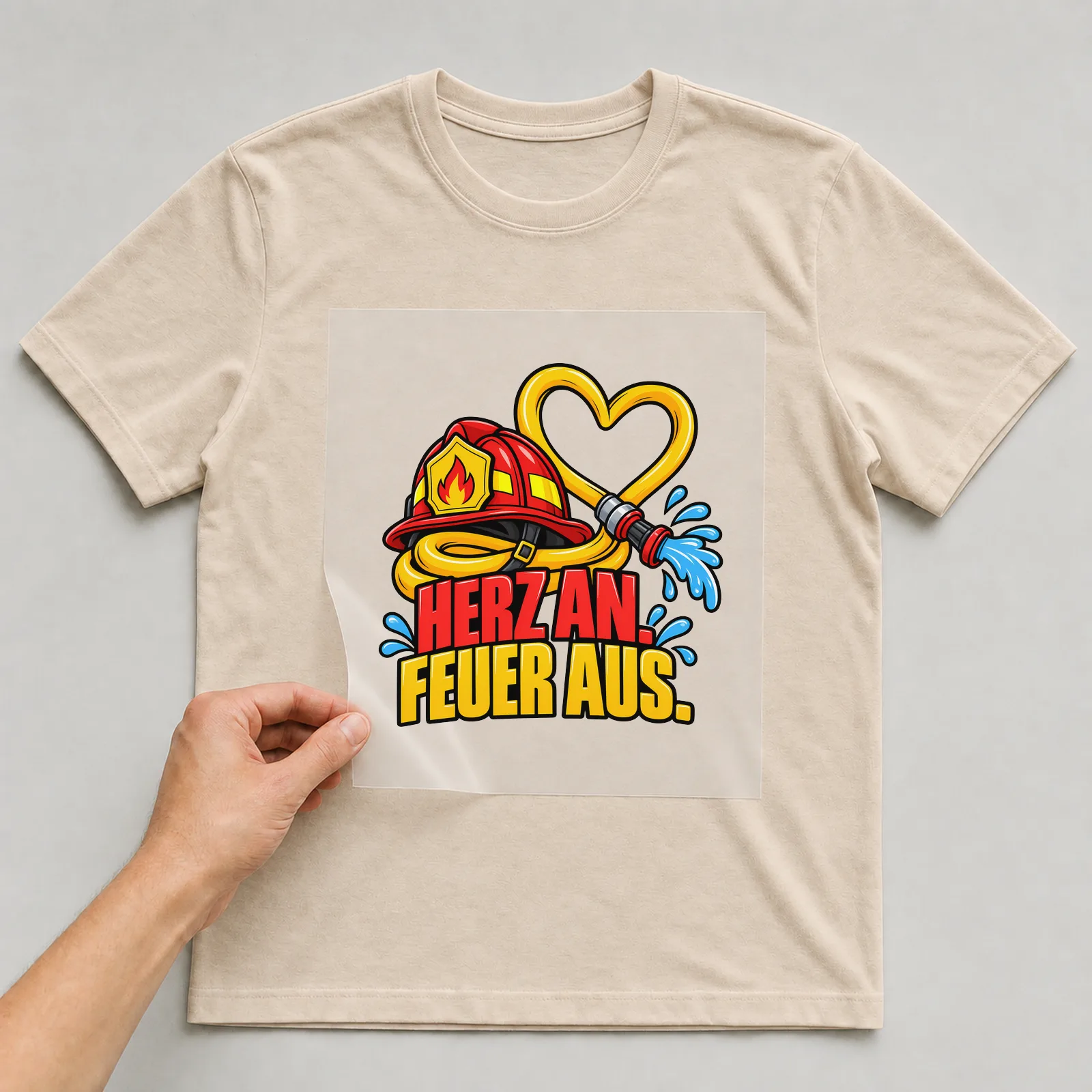 Bügelbild „Herz an. Feuer aus.“ auf beigem T-Shirt, Folie wird aufgelegt