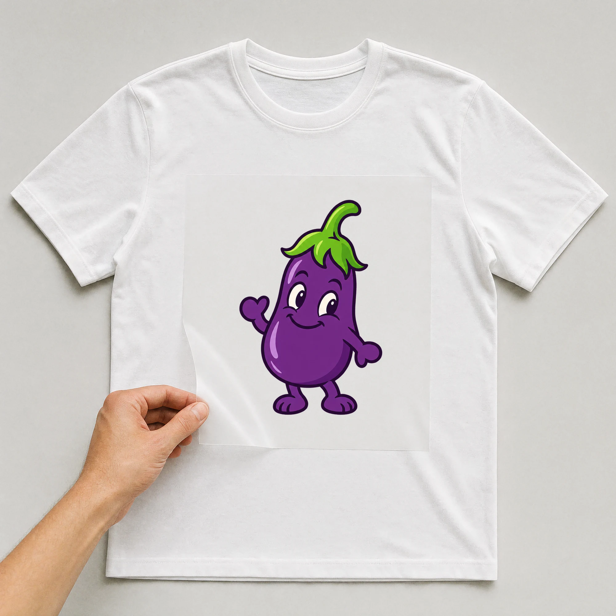 Bügelbild „BB021144-motiv-r03652“ auf weißem T-Shirt, Folie wird aufgelegt