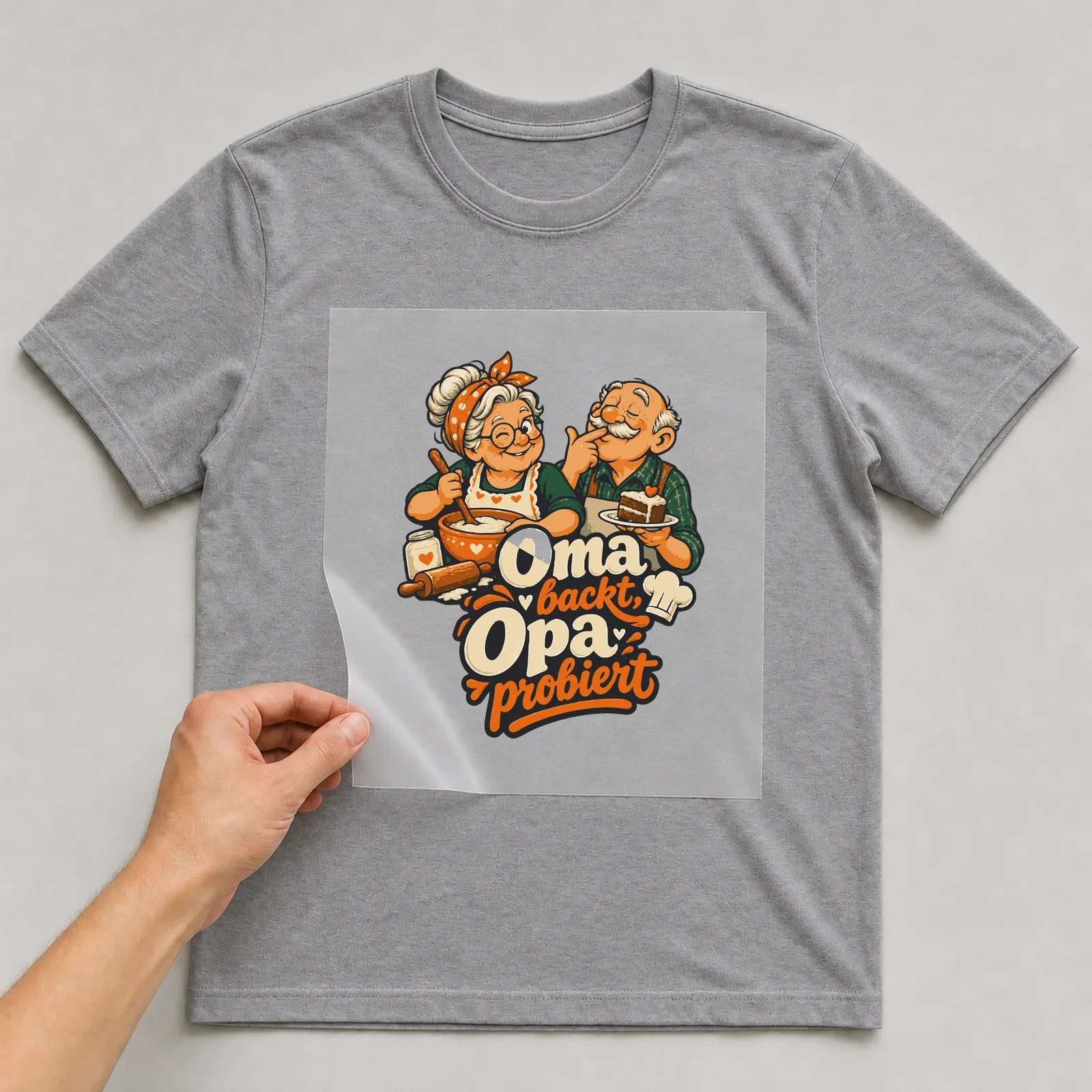 Bügelbild Oma backt, Opa probiert auf grauem T-Shirt, Folie wird aufgelegt
