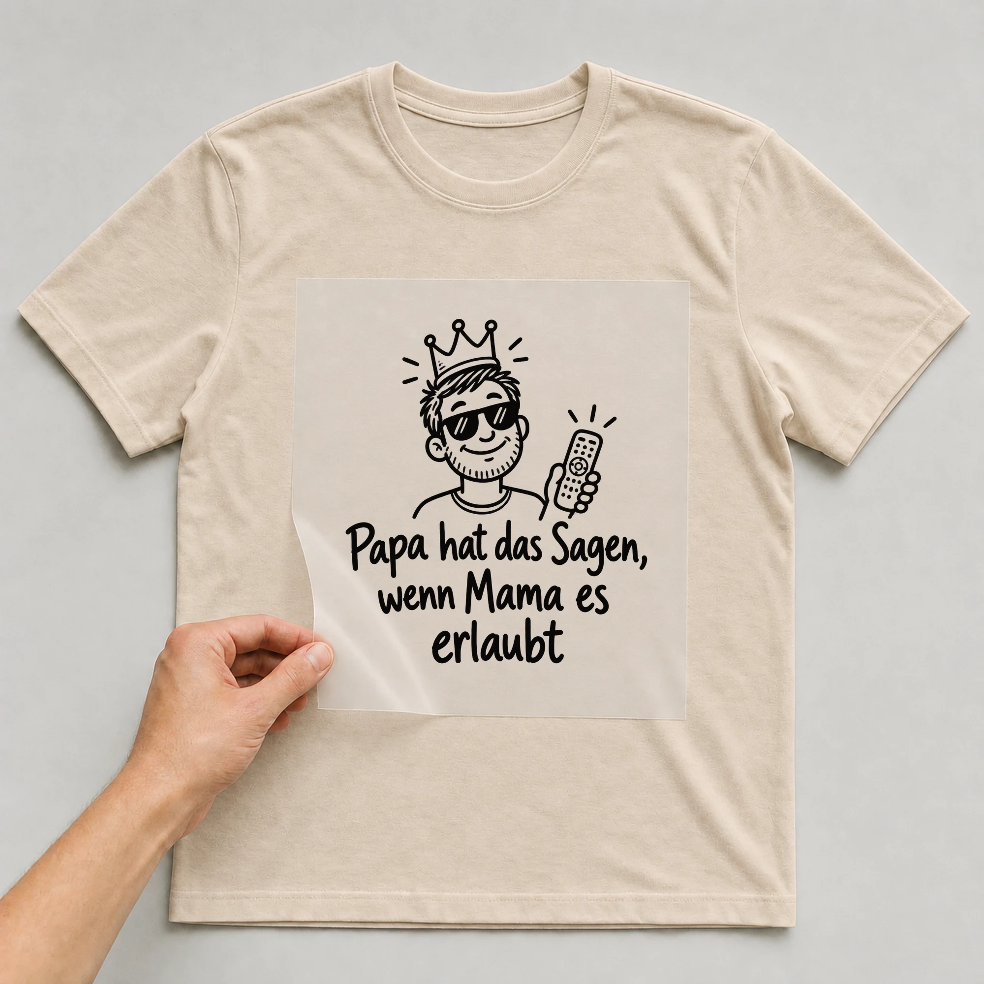 Bügelbild „Papa hat das Sagen, wenn Mama es erlaubt“ auf beigem T-Shirt, Folie wird aufgelegt