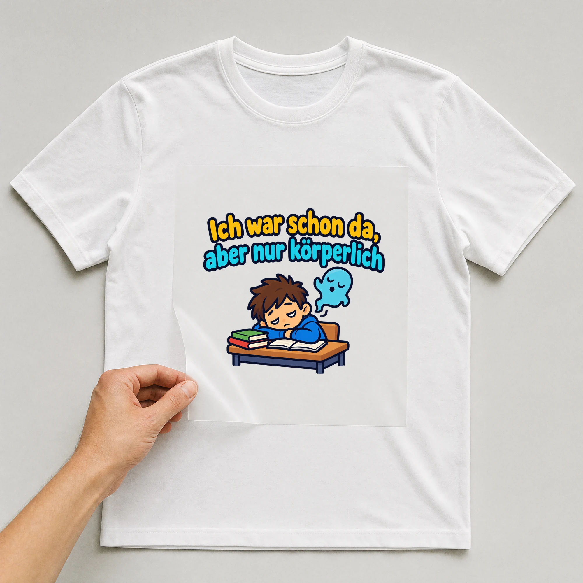 Bügelbild „Ich war schon da, aber nur körperlich“ auf weißem T-Shirt, Folie wird aufgelegt