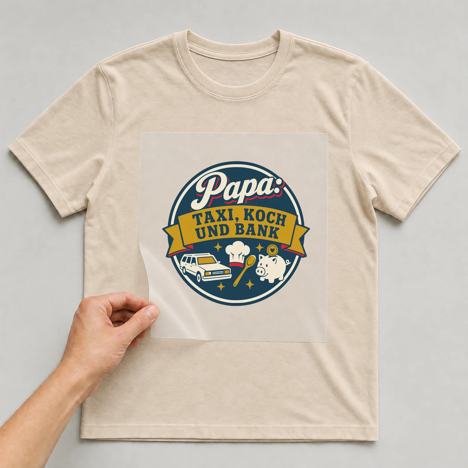 Bügelbild Papa: Taxi, Koch und Bank auf beigem T-Shirt, Folie wird aufgelegt