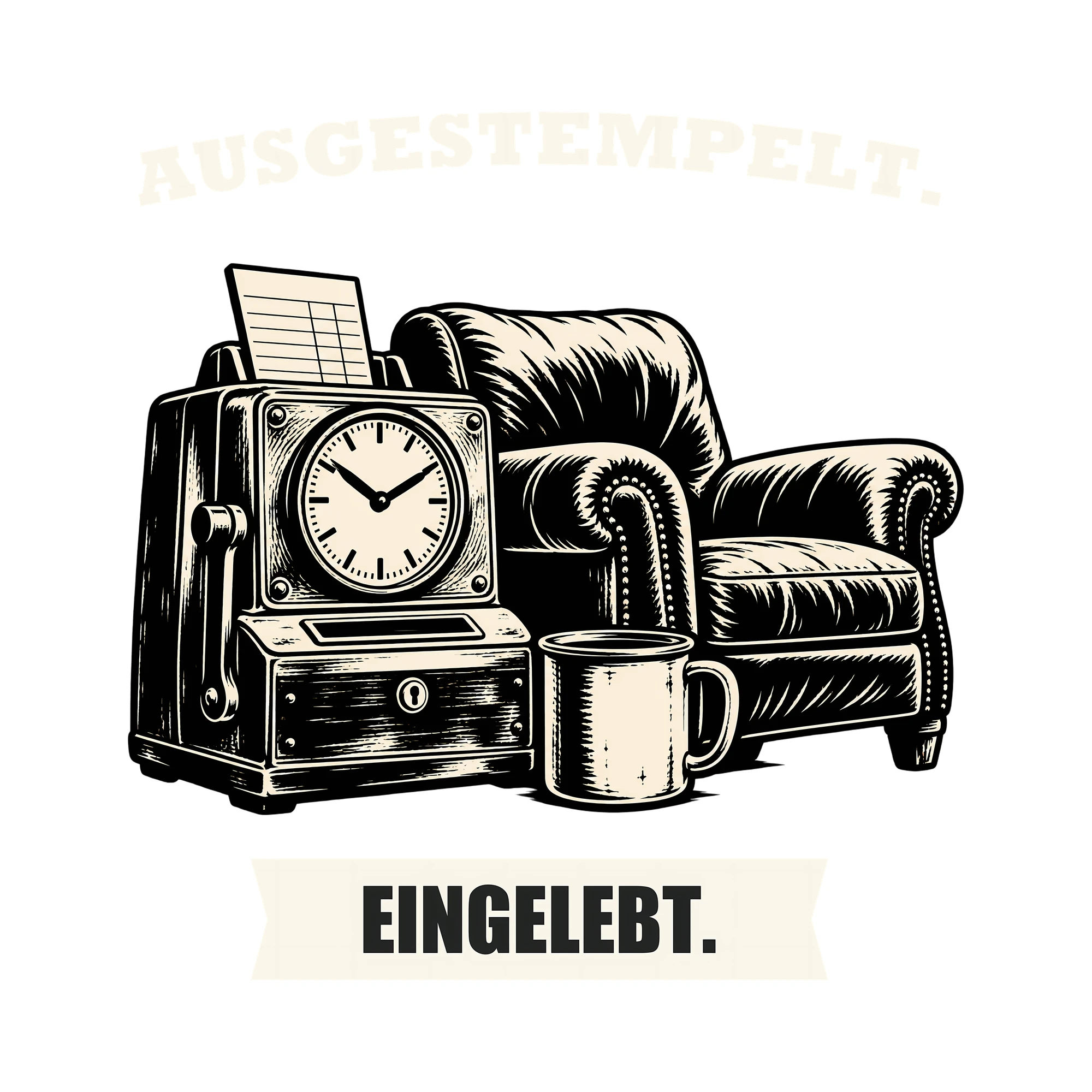 Bügelbild AUSGESTEMPELT. EINGELEBT. als Grafik auf weißem Hintergrund (BB011533)