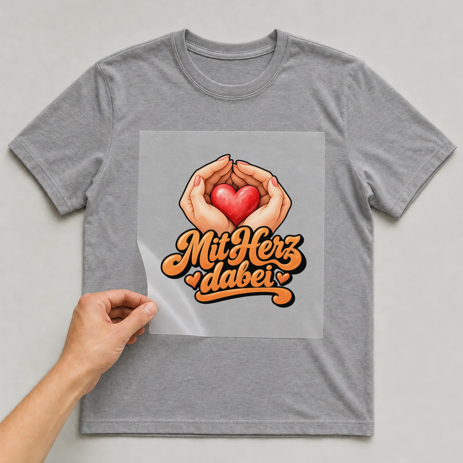 Bügelbild „Mit Herz dabei“ auf grauem T-Shirt, Folie wird aufgelegt